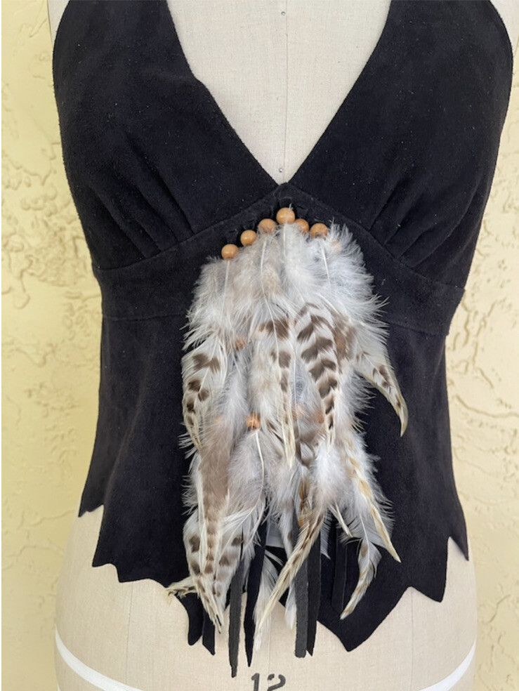 Vintage Halter Top Black Leather Bead Boho Biker Hippie Motorcycle Rock n Roll