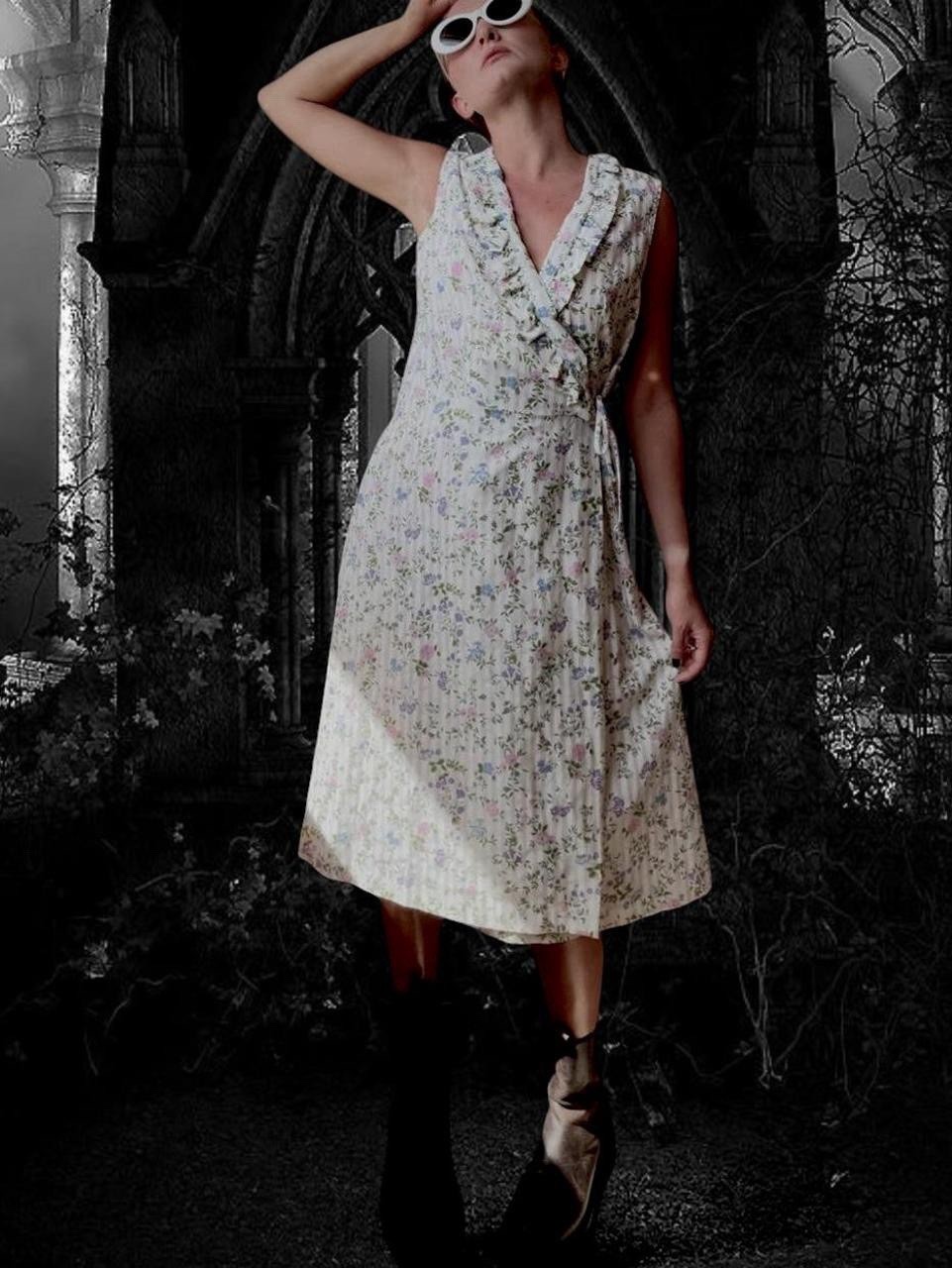 1950s Ivory organdy floral cotton day dress