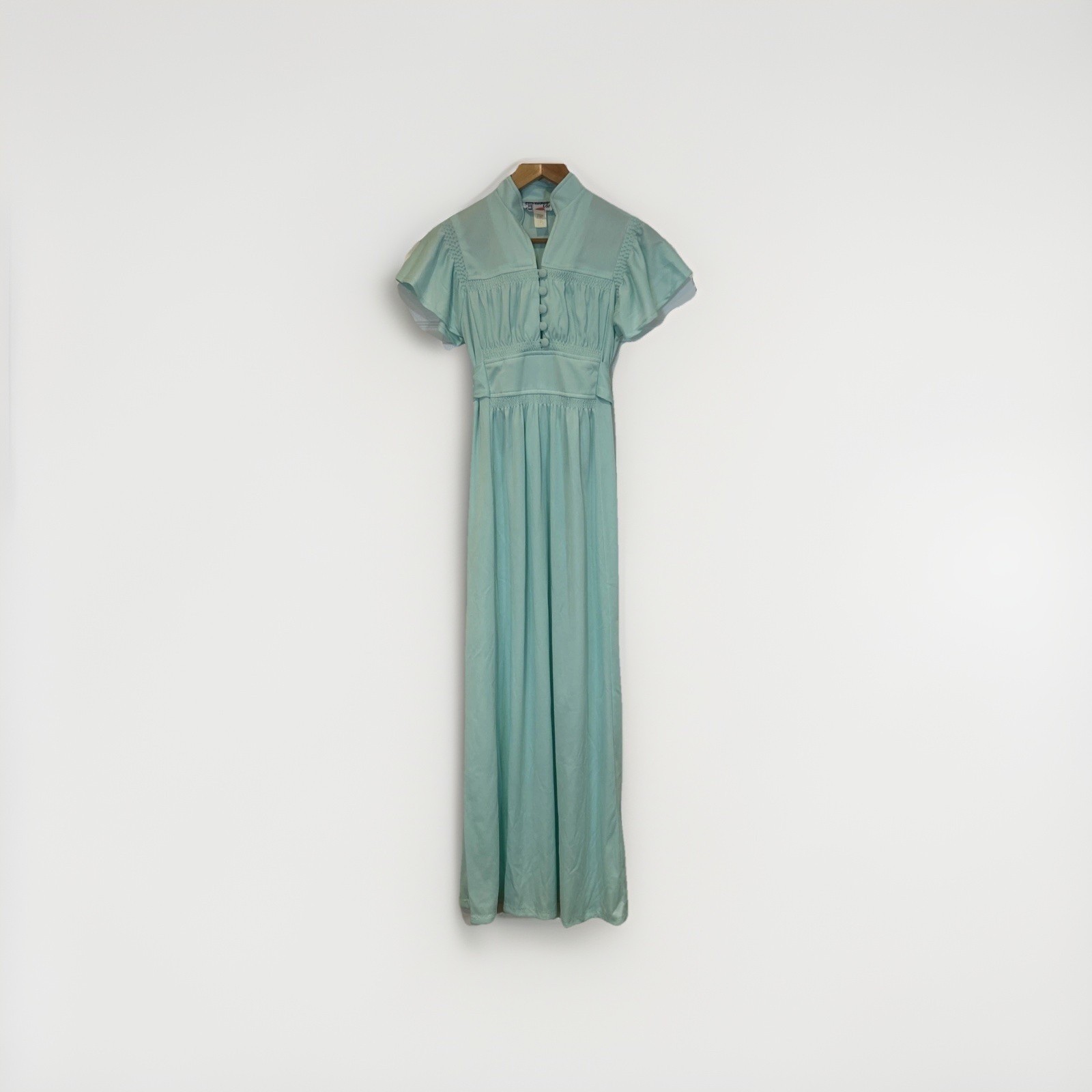 Vtg Trolley Car Maxi Dress Womens Size 7 Mint Green 70s Flutter Sleeve Smocked