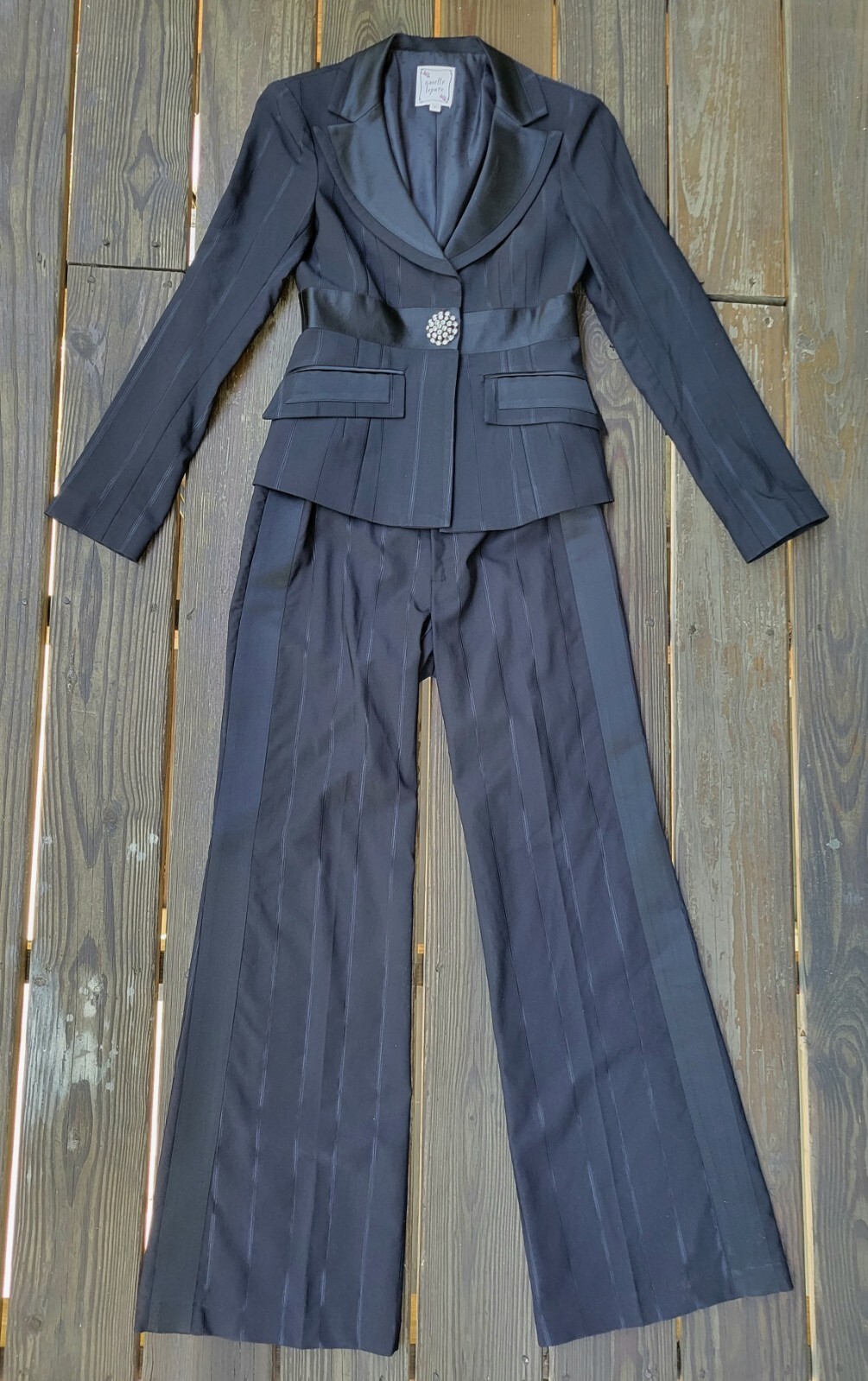 Nanette Lepore vintage 90s 00s pant suit black satin stripe brooch low rise 0