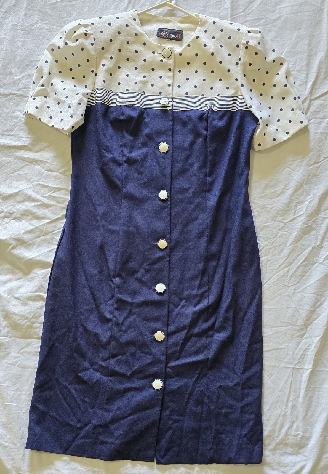 Vintage 80s Damon II Dress Navy White Polka Dot USA ILGWU Button Front Midi