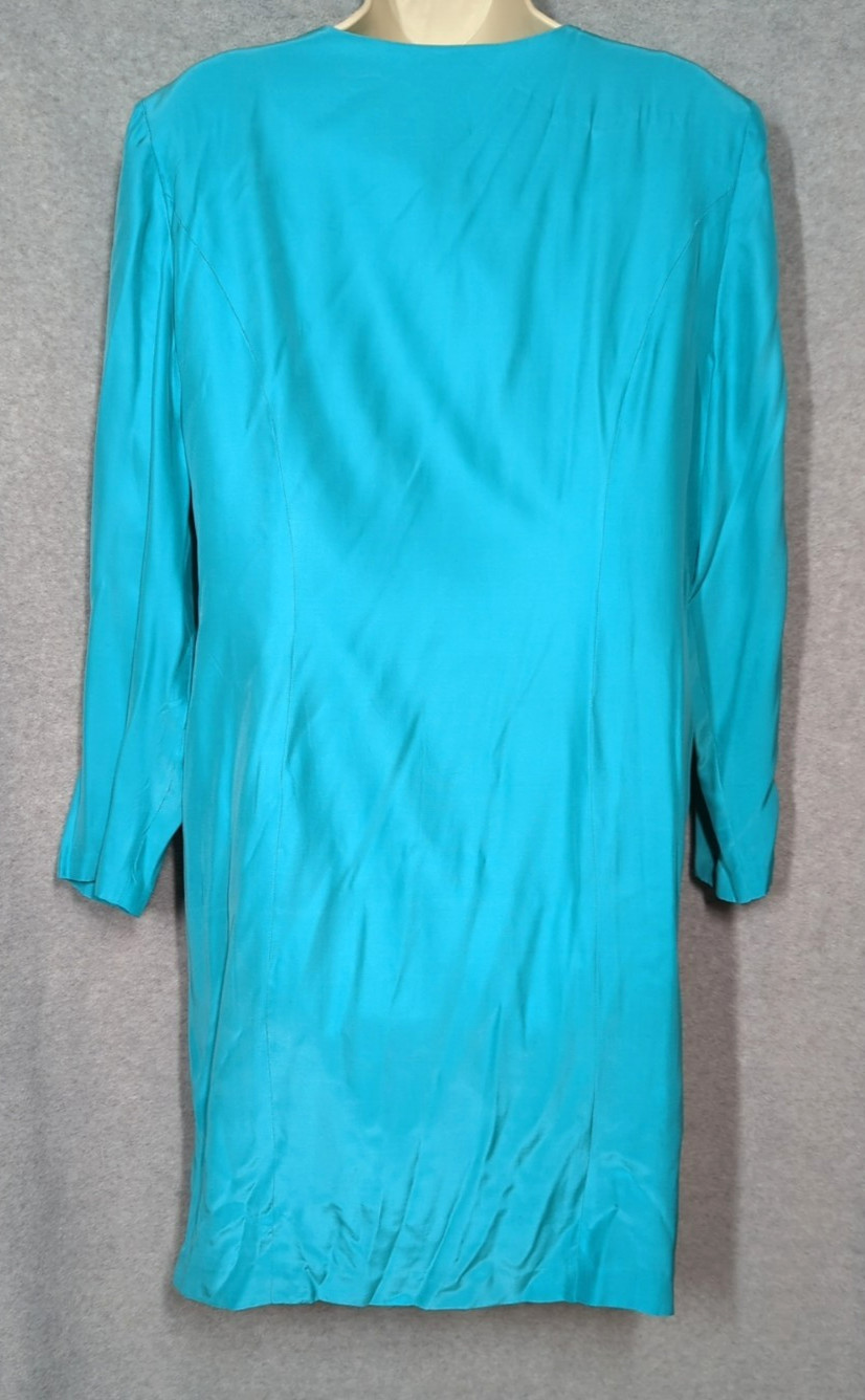 Vintage 80’s Silk Dress Size 12 Turquoise Lg Sleeve Button Up Wedding Guest Chic