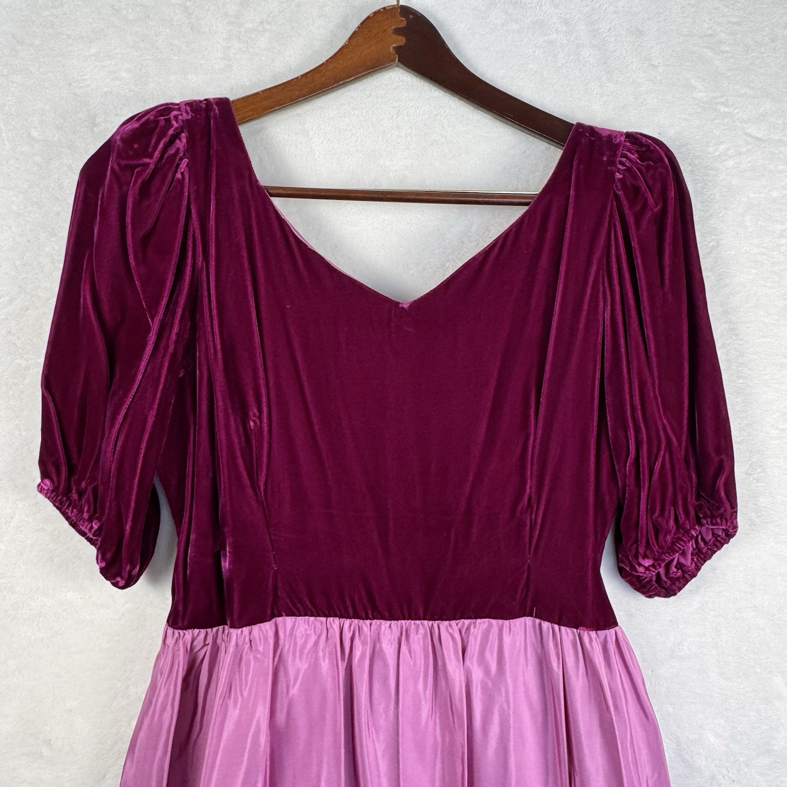 Vintage USA Velvet Taffeta Maxi Dress Burgundy Pink Puff Sleeve 20