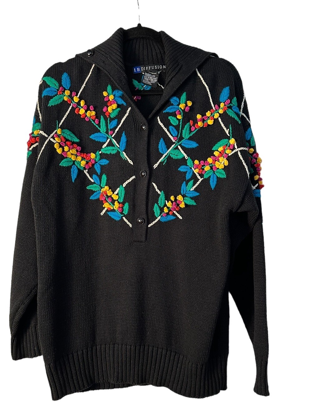 Vintage IB Diffusion Womans Black Cotton Sweater Colorful Multi Color Floral Med