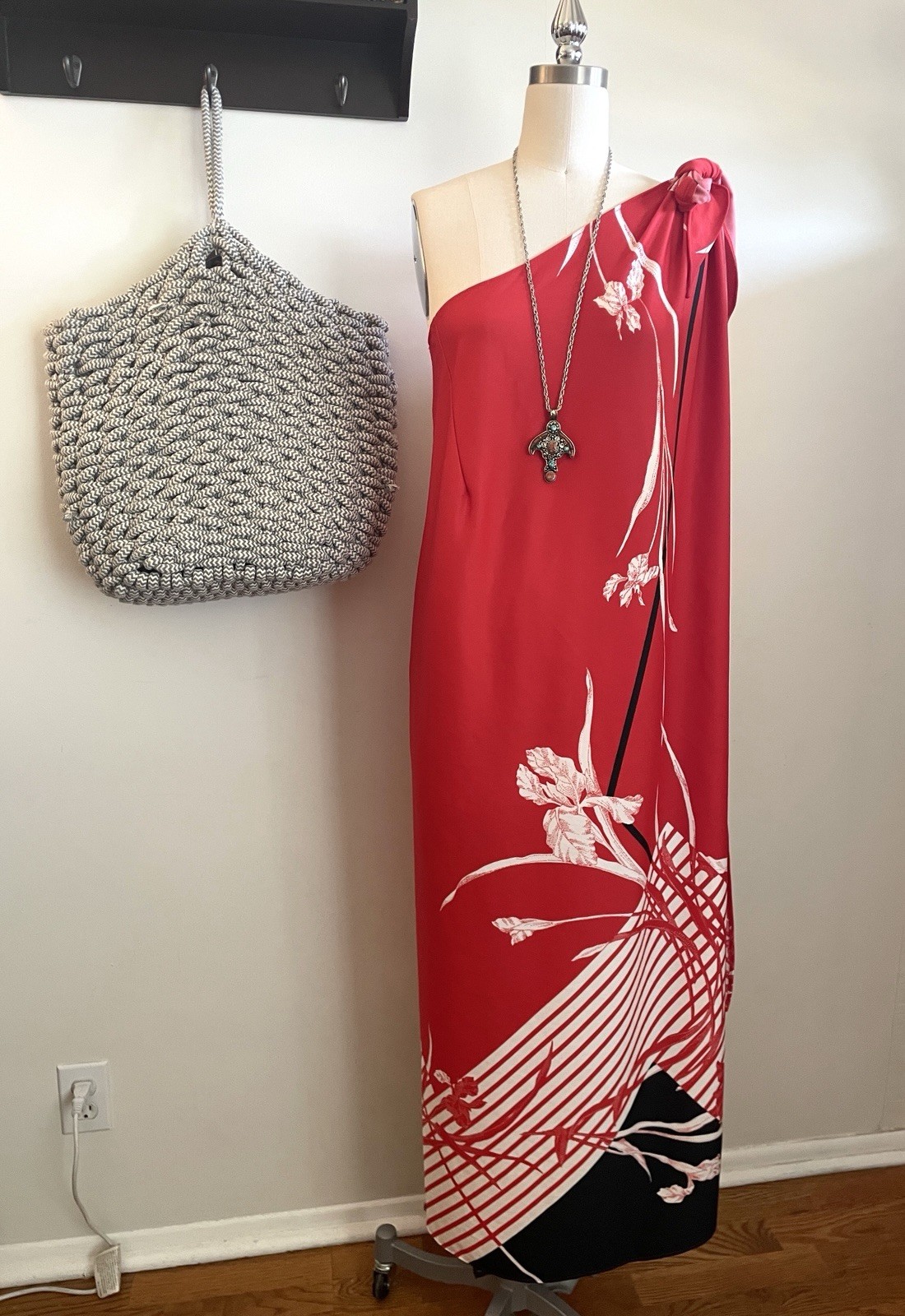 Vintage 80’s Hawaiian Swim Cover Up One Shoulder Tie Dress Red White