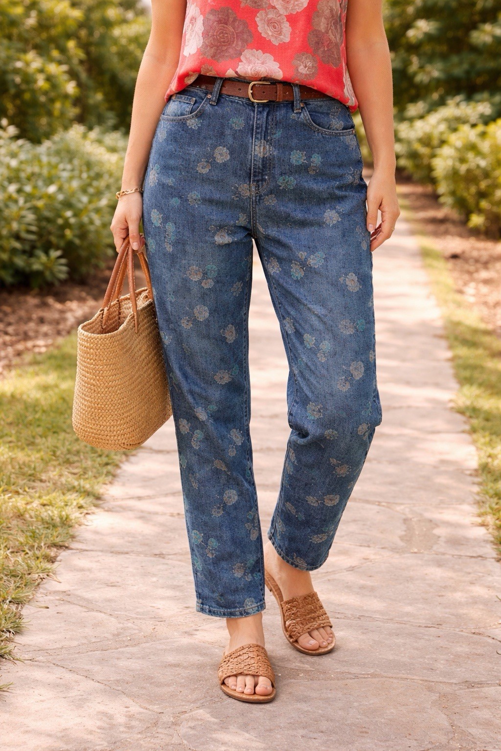Vintage 80s Braxton Womens Stretch Floral Denim 5 Pocket Zip Front Jean Sz 14/32