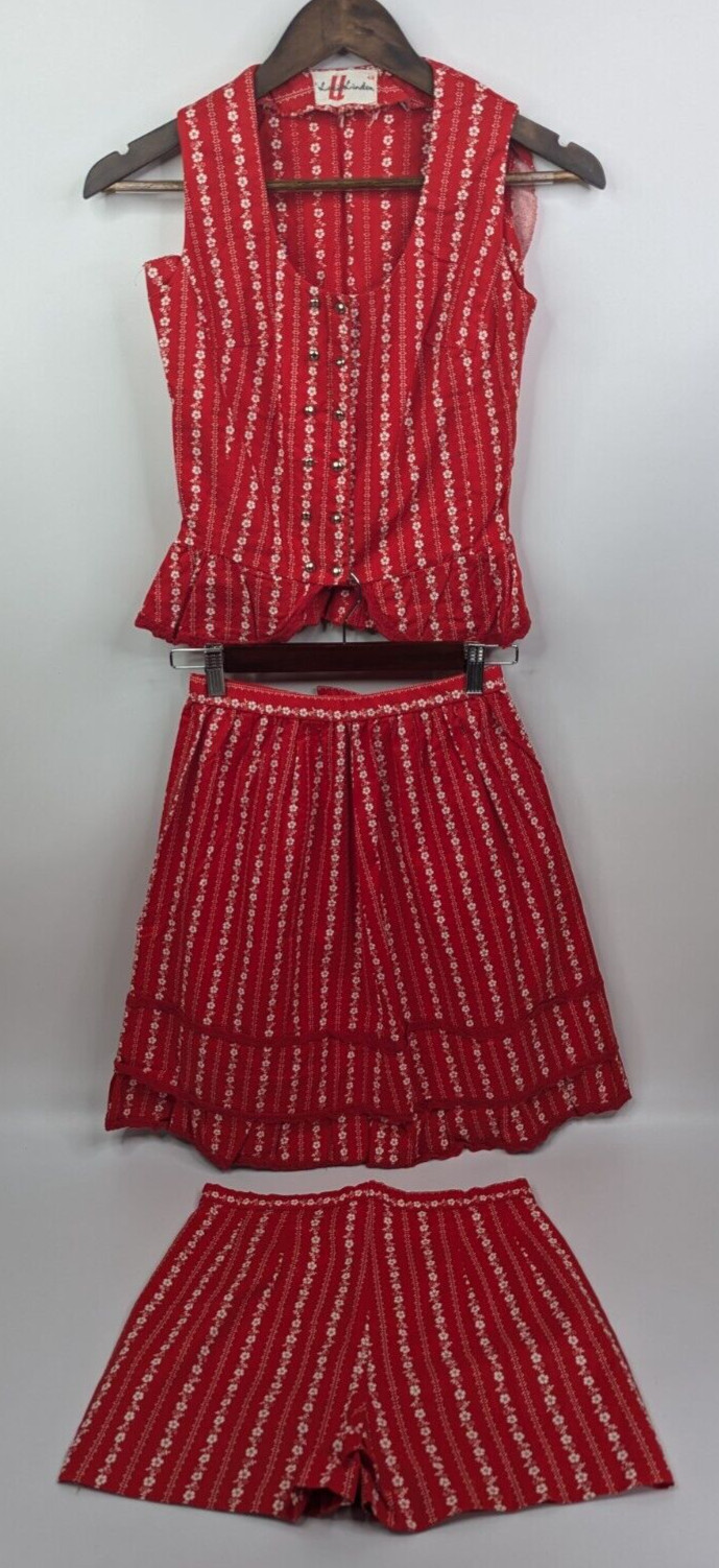 Vintage Lucie Linden Red Floral 3pc Vest Top Skirt Shorts Set Size 48
