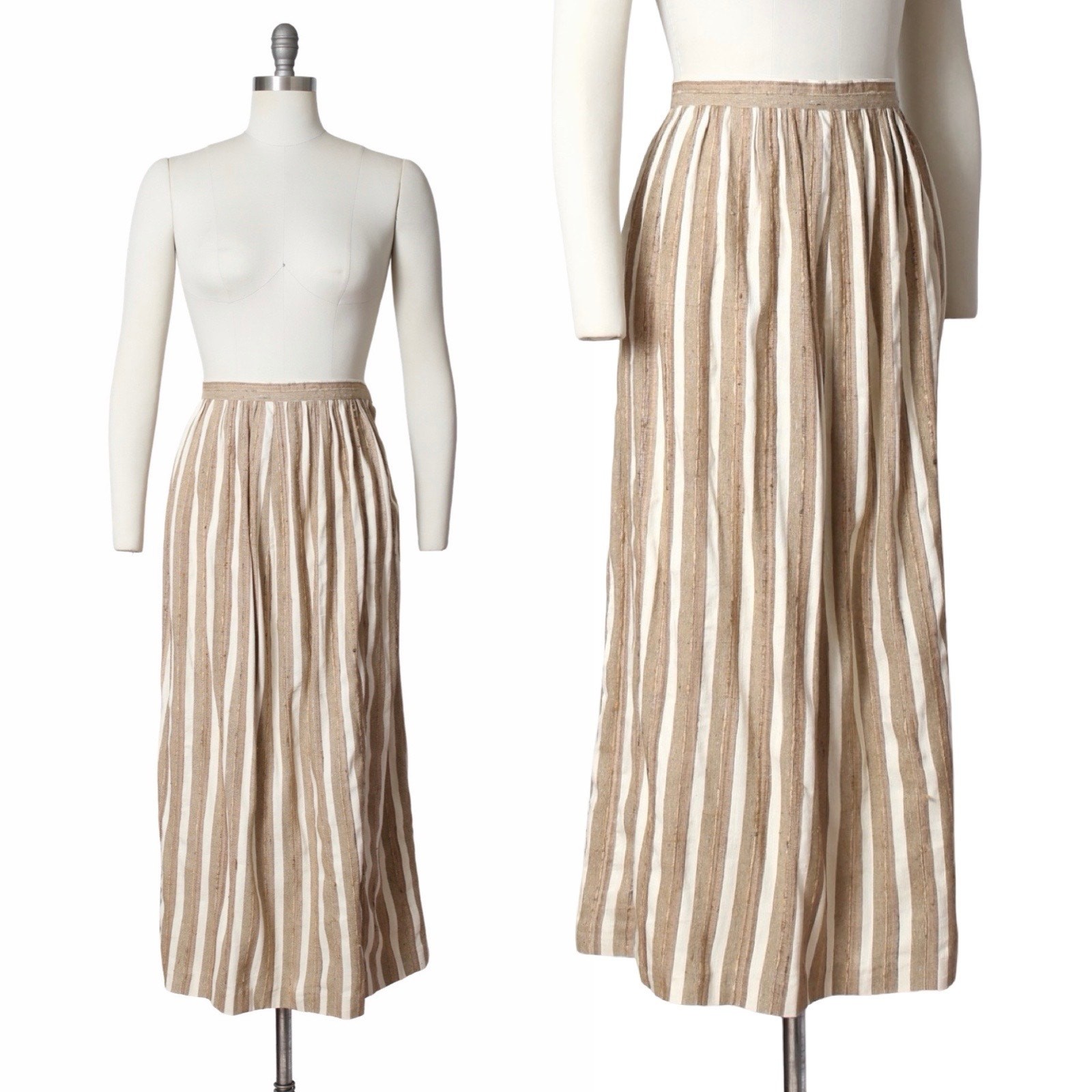 Vintage 1970s 1980s Linen Skirt 70s 80s Striped Earth Tones Midi Tan Brown