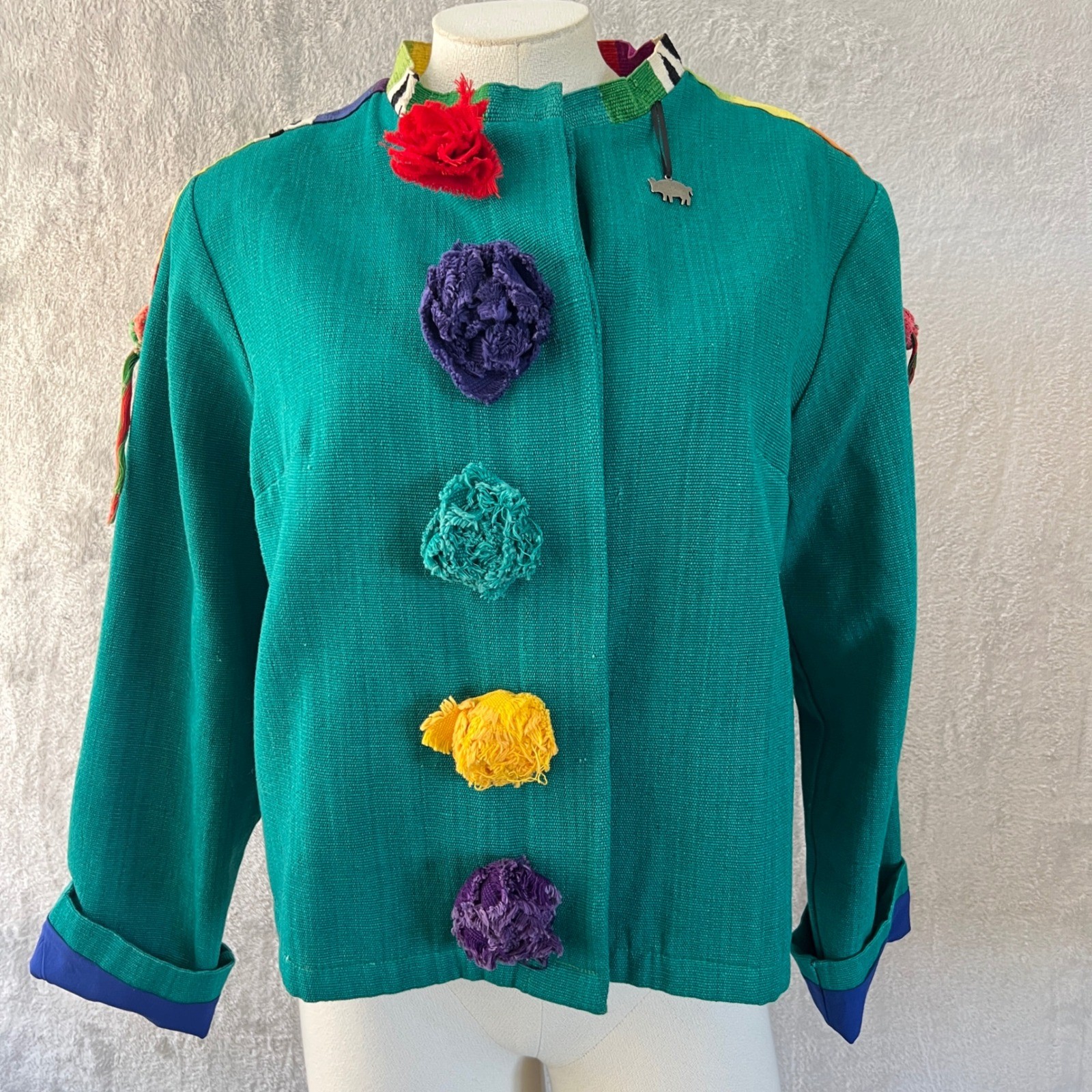 Vintage Women’s Art To Wear Pom Pom Jacket Green size Medium colorful funky