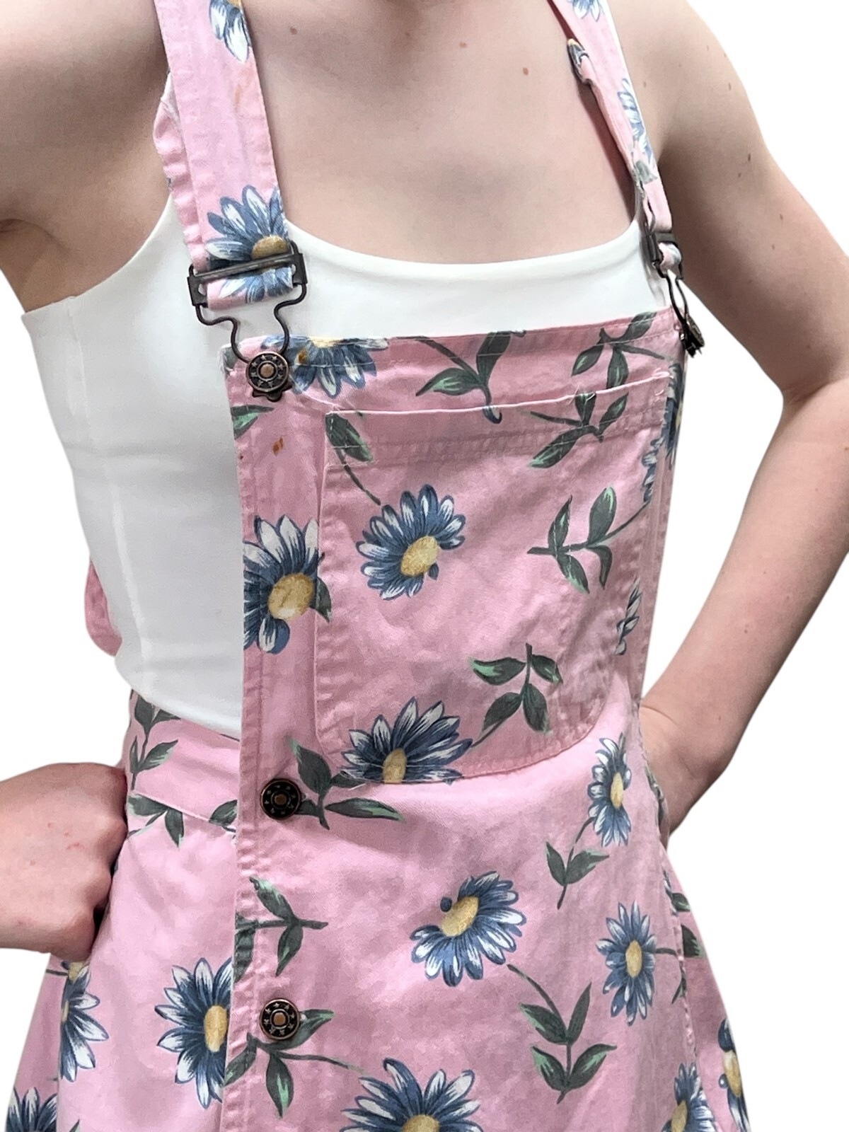 NOS Vtg 80s S/M Bib Pink Denim Skort Suspender Flap Shorts Playsuit Blue Daisies