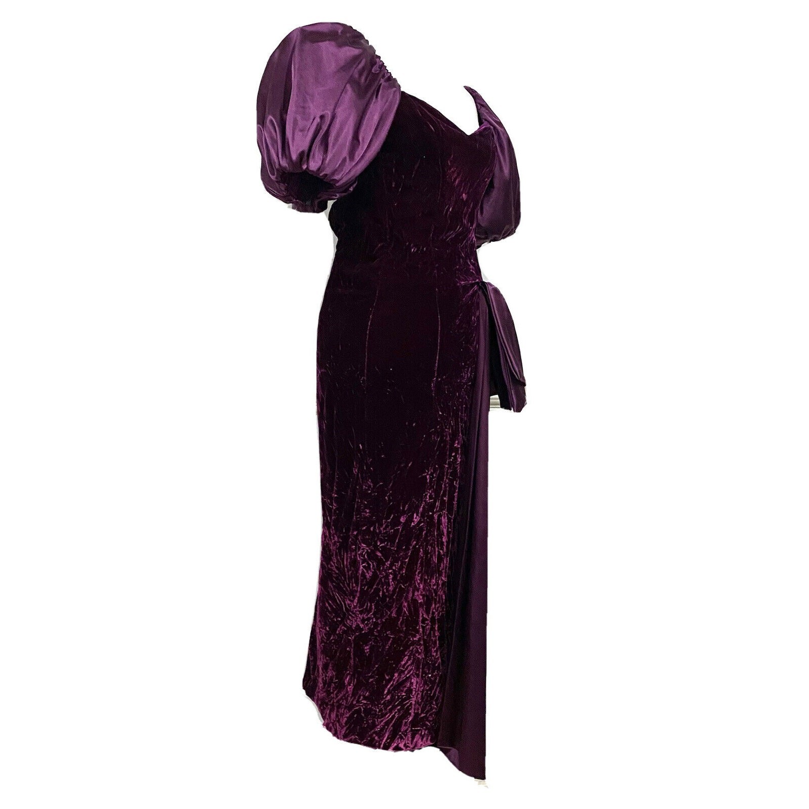 Vintage 90s Formal Dress Gown Velvet Puffy Sleeves Purple Drape Sash Women’s XS