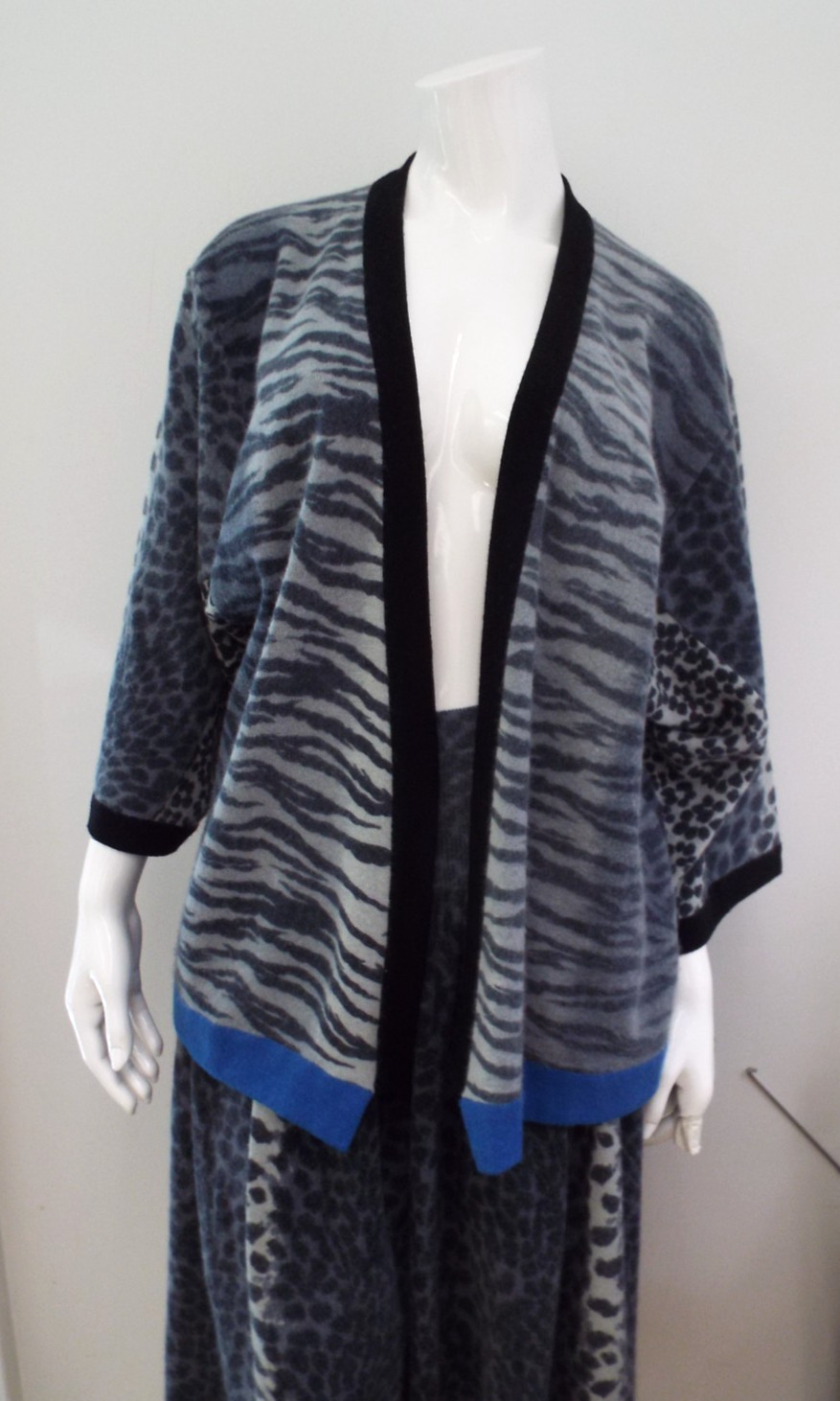 Vintage 1980s KENZO Sweater & Skirt Lambswool Angora Gray Animal Print Blue