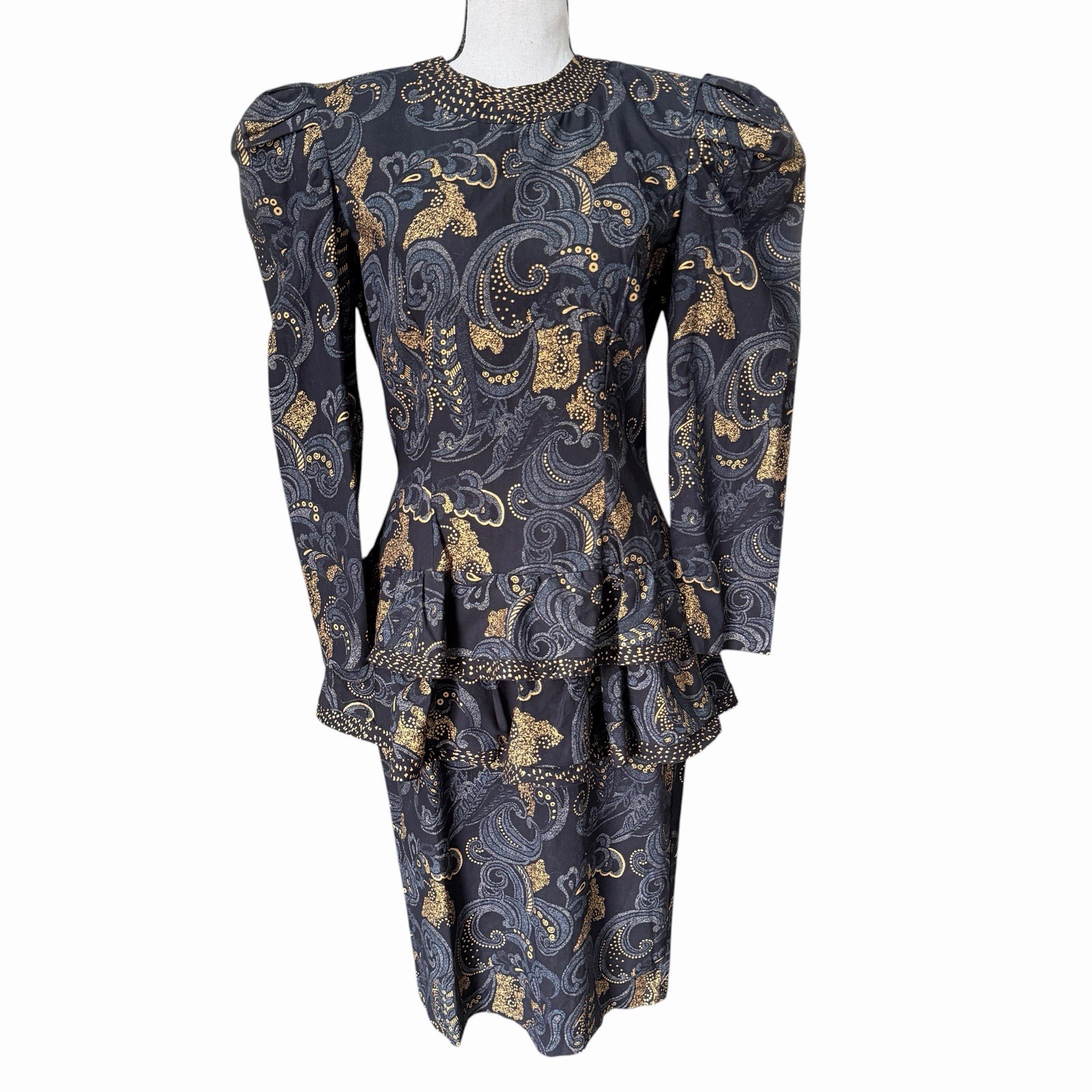 VTG 80s Black Gold Paisley Peplum Dress Puff Sleeve Cocktail Glam Power Suit