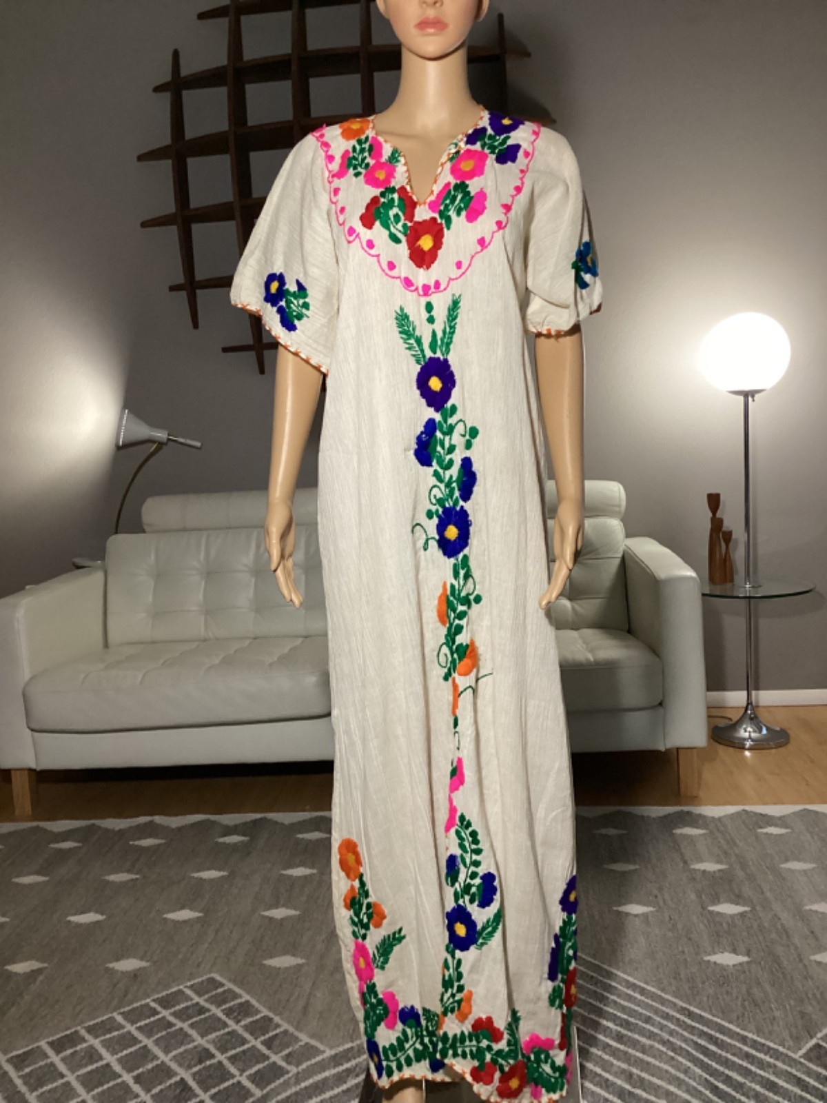 Vintage 60s Oaxaca Mexican Hand Embroidered Cotton Gauze Maxi Dress Hippie Boho