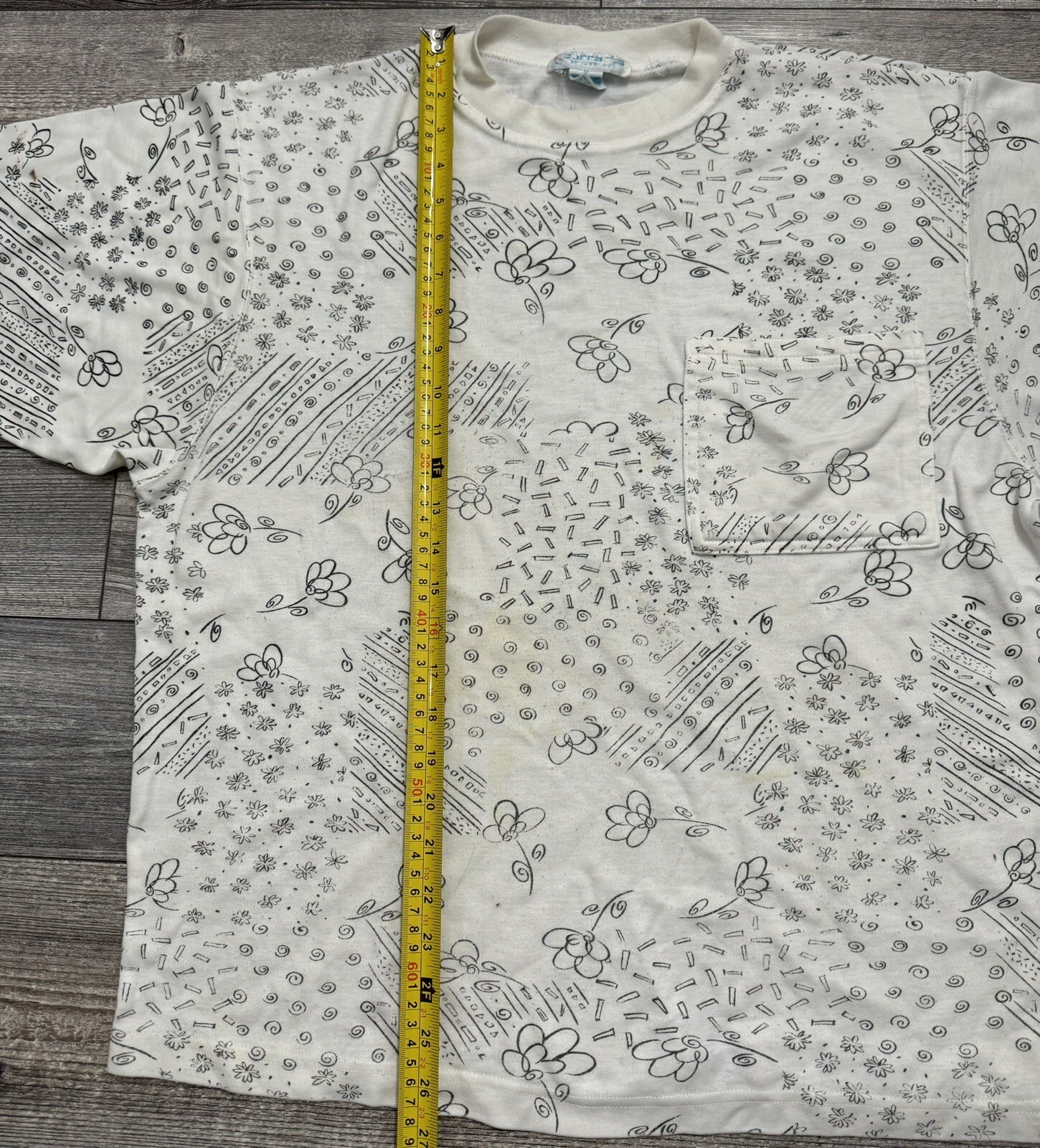 VTG Currants By Jeri-Jo 1970’s White Black Flower Pocket Shirt Womens Sz Medium