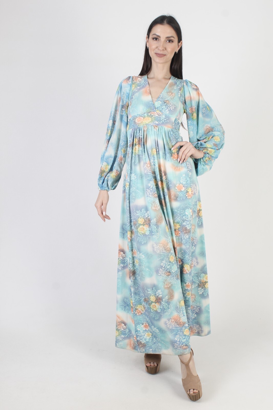 Vtg Pastel 70s Prairie Dress Poet Bell Slv Fairy Wrap Boho Wedding Maxi Gown