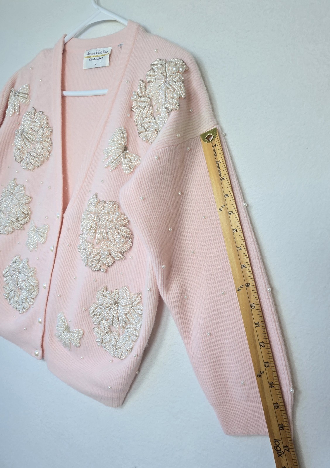 Vtg 90s Grandmacore Cardigan Marisa Christina Bead Embroidered Bows Sz L Wool