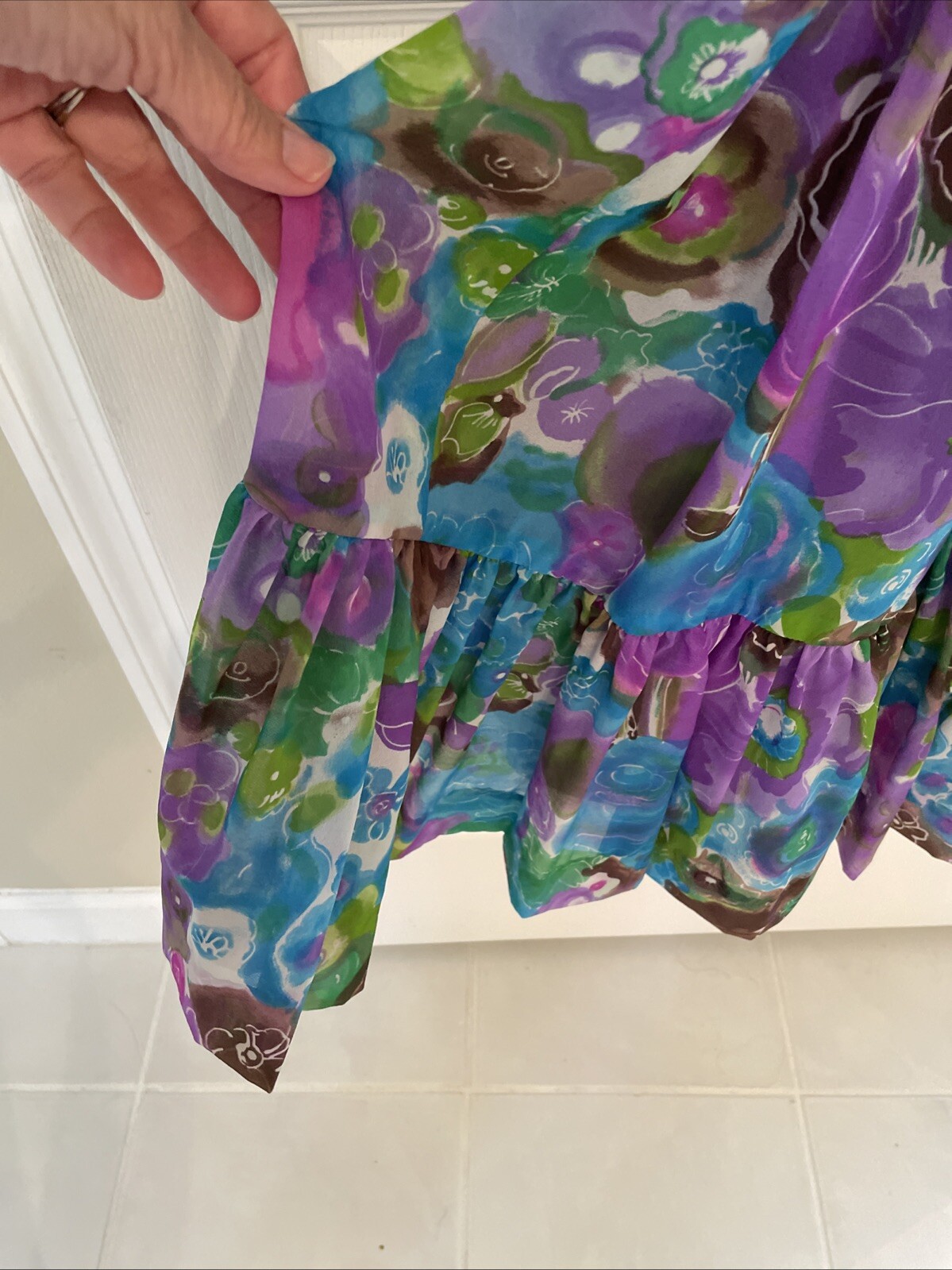 Vintage Floral Gown Blue Green Watercolor Chiffon Dress 60s 70s Size: XS S