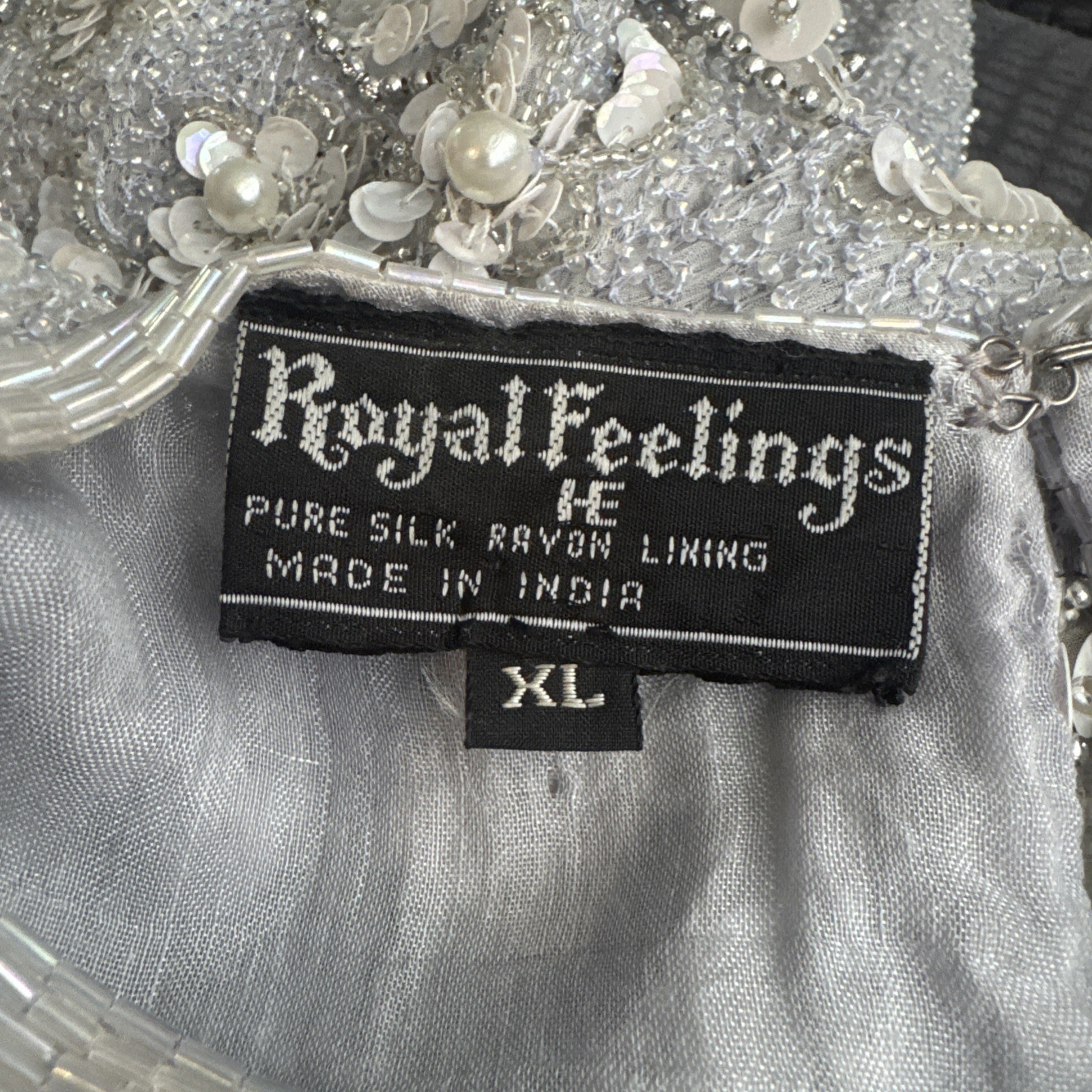 Vintage Royal Feelings Shimmering Pearl Silver Grey Silk Sequined Blouse XL