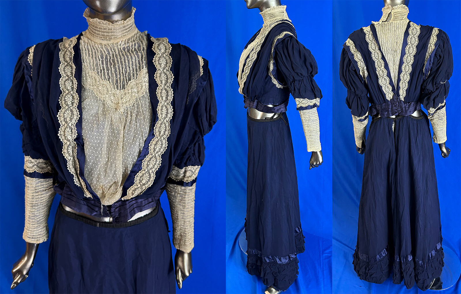 Victorian Royal Blue Silk Lace Leg o Mutton Sleeve Bodice Skirt Kensington Dress