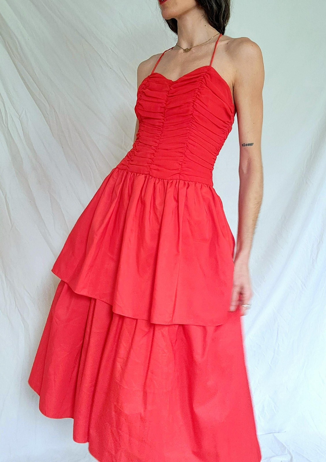 1970s Vintage Ruched Red Party Dress: Joy Stevens, Women’s Small