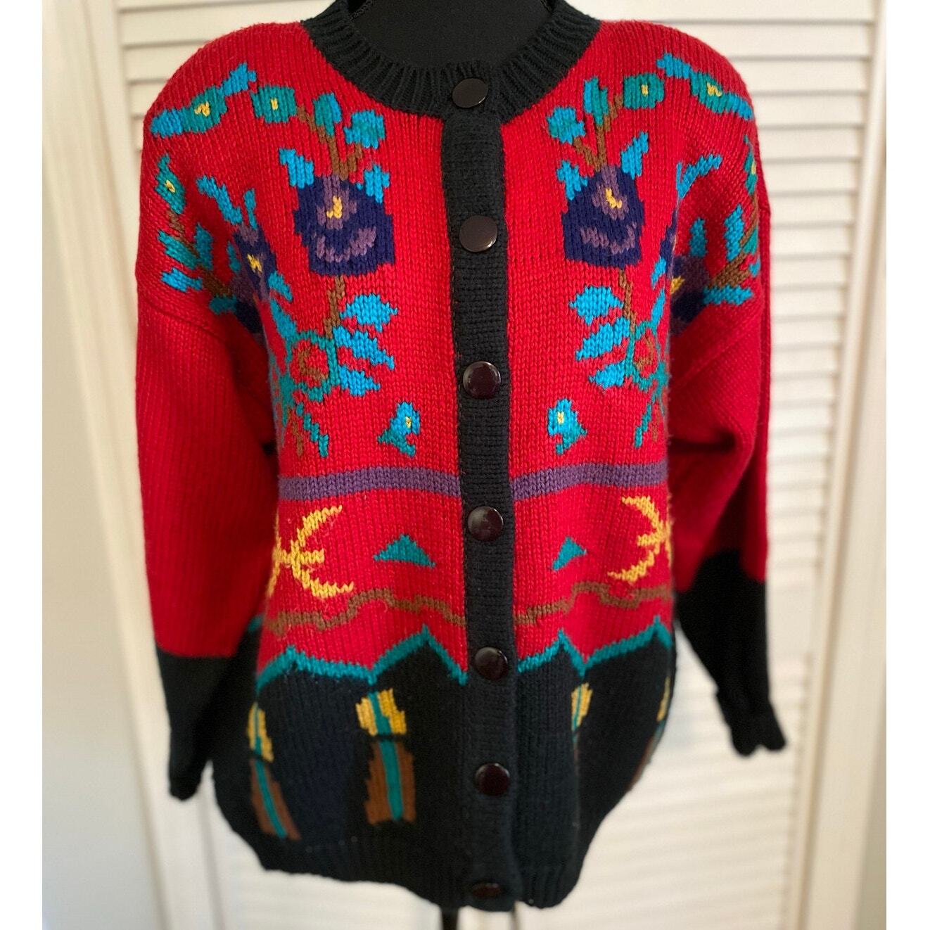 Vintage Cardigan Red black Hong Kong Chunky Floral Cottagecore Grandma Core