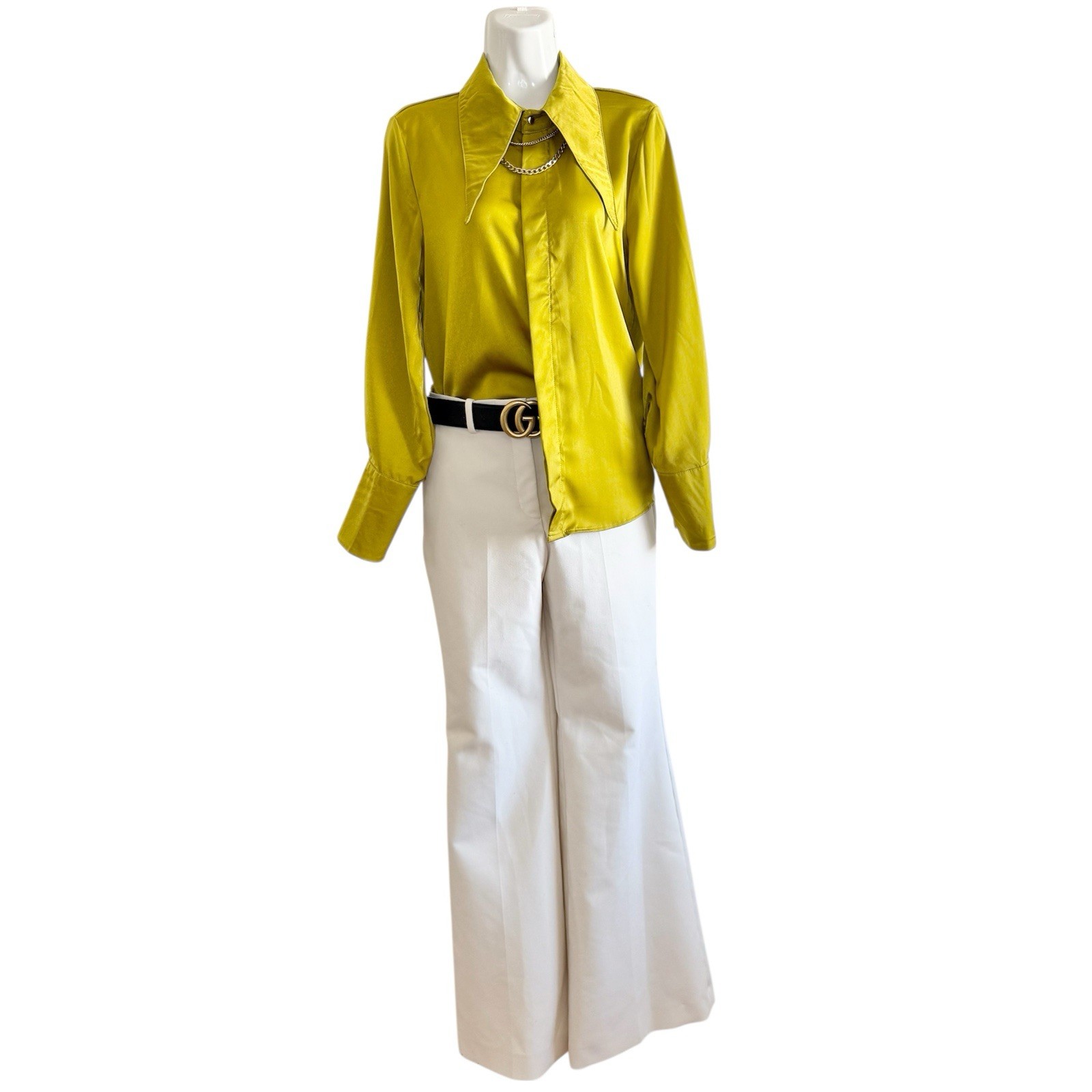 Vintage Mustard Yellow Satin Blouse Oversized Collar Chain Detail Size Small