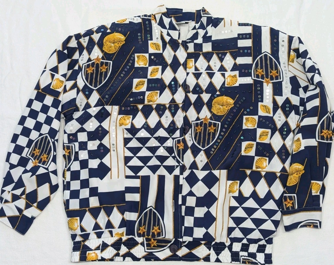 Vintage 90s Jacket Women’s Sz 10 Beaded Geometric Art Deco Lined Elastic Waist