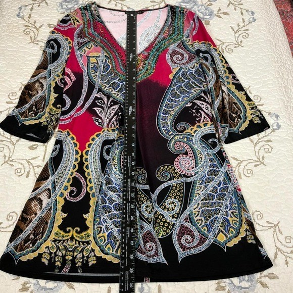 Mechant Paisley Beaded Tunic Top Womens Small Multicolor Excellent Boho V-Neck