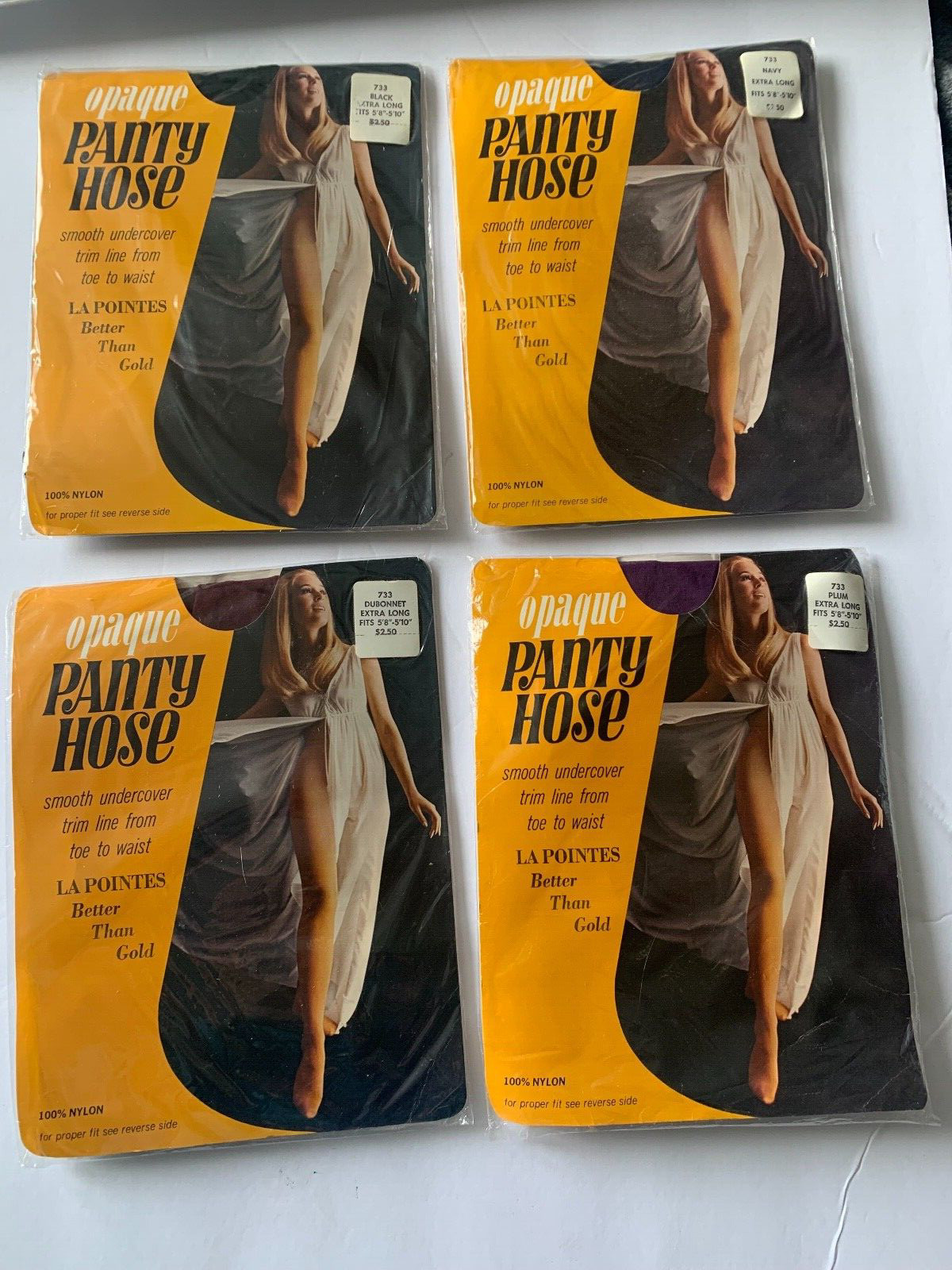 4 XL VINTAGE La Pointes Opaque Pantyhose Black, Plum, Navy, Dubonnet 1970s NIP