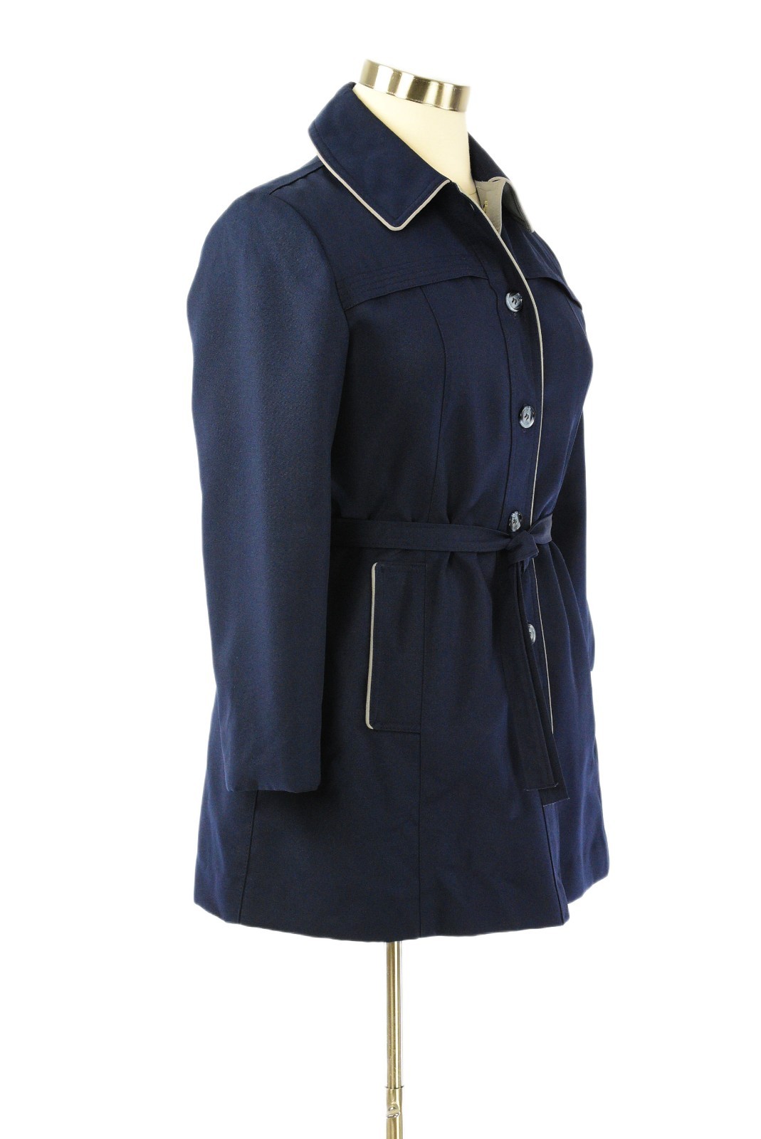 70s Vintage Gabardine Jacket Womens M Navy Blue Trench Coat Gray Piping Belted