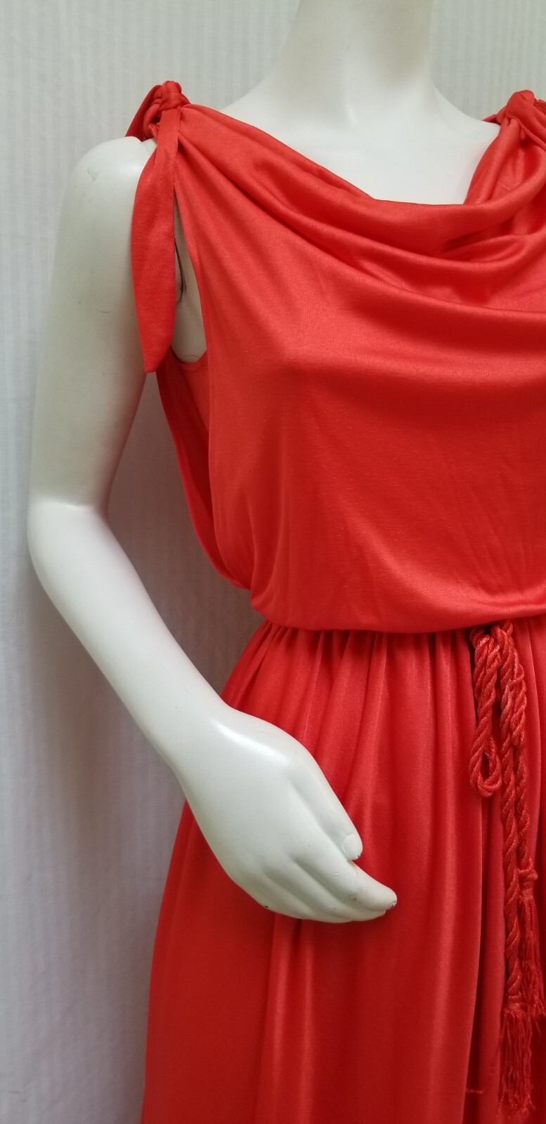 Vintage 1970s Shiny Red Jersey Knit Disco Draped Dress w/ Tassel Belt – Size S