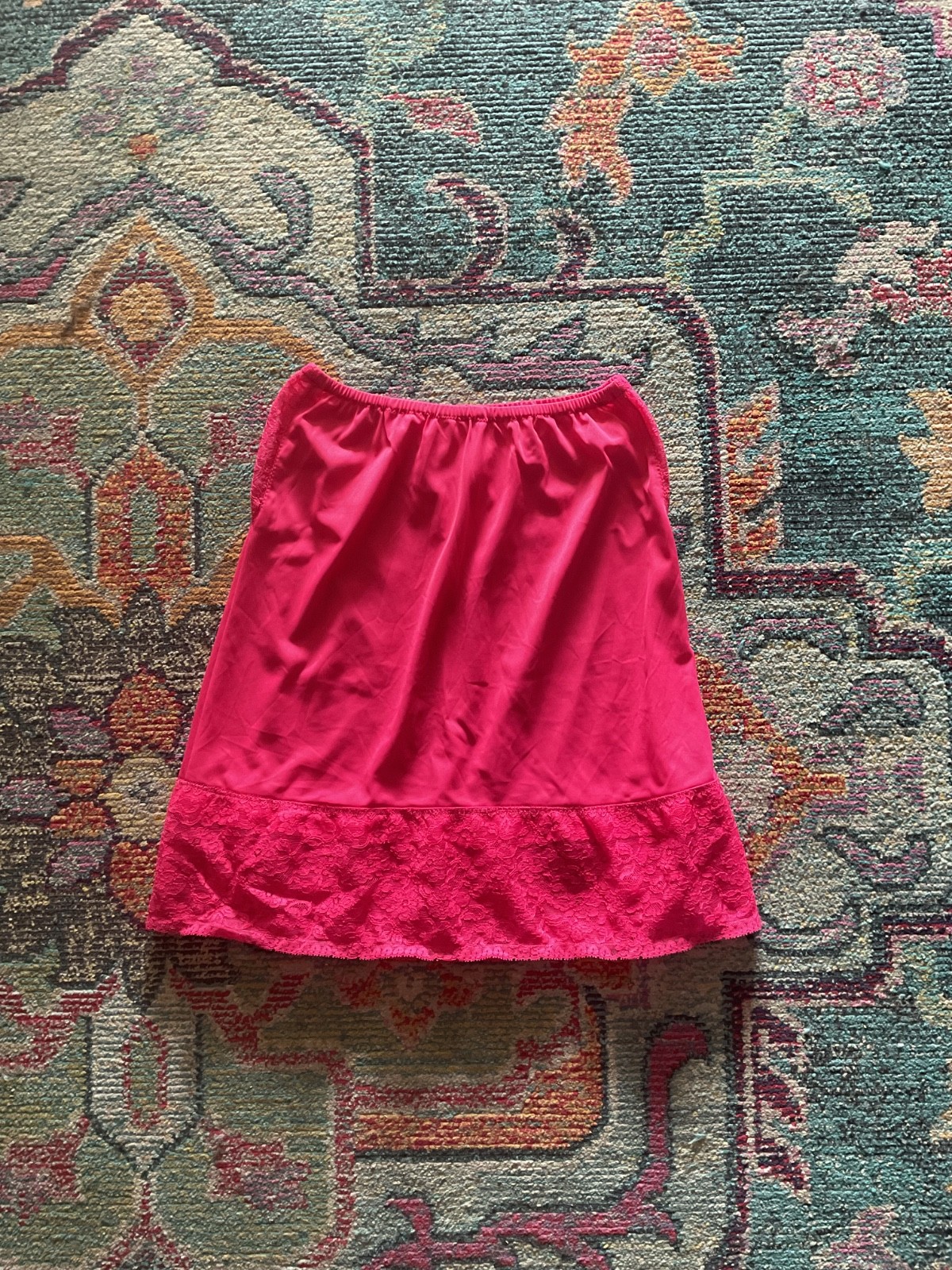 Vtg 60’s or 70’s Half Slip Nylon & Lace Magenta Hot Pink Sz S/M Side Lace Panels