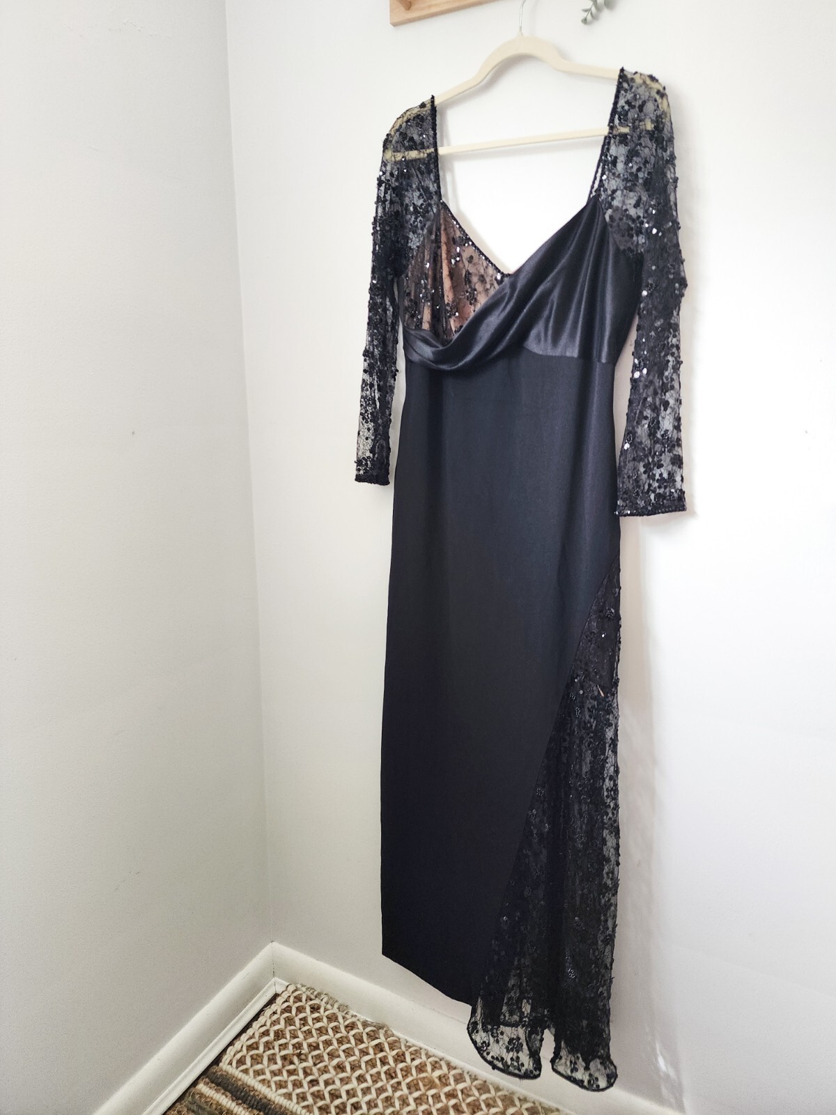 RARE Vintage Saks Fifth Avenue Travilla Ebony Silk Beaded Gown W/ Lace Size 14
