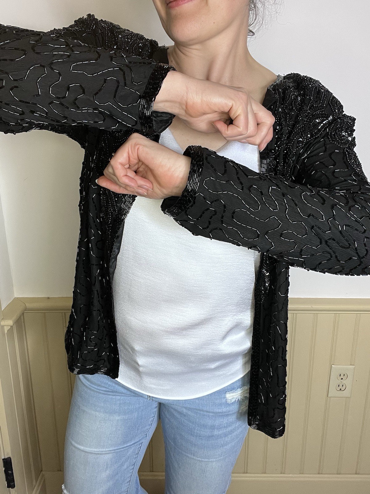 Vintage Adrianna Papell Evening L Black Silk Beaded Jacket Sequins Wedding Party