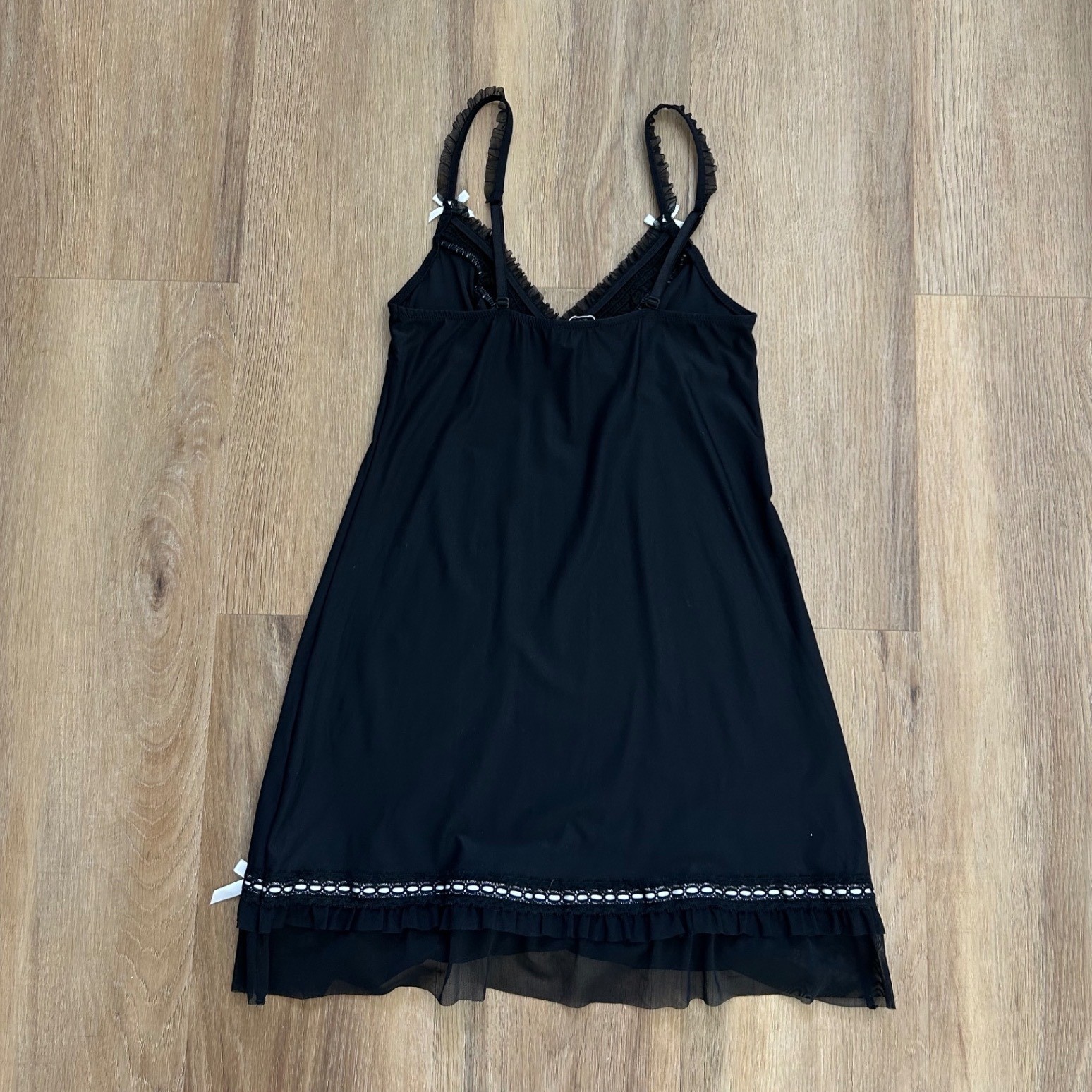 Vintage Black Coquette Slip mini Dress Bows Ruffle Trim sexy lingerie party