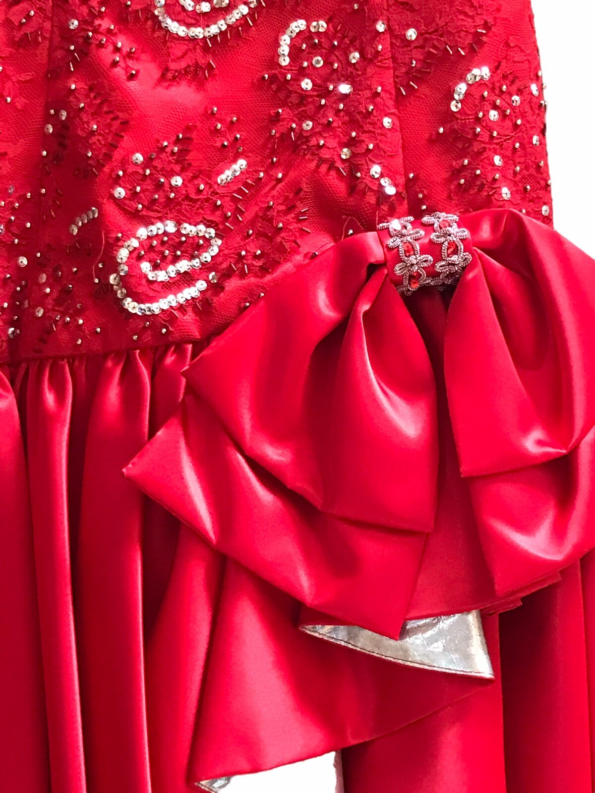 Vintage 90s Custom Handmade Red Satin Prom Evening Dress With Beads Sequin