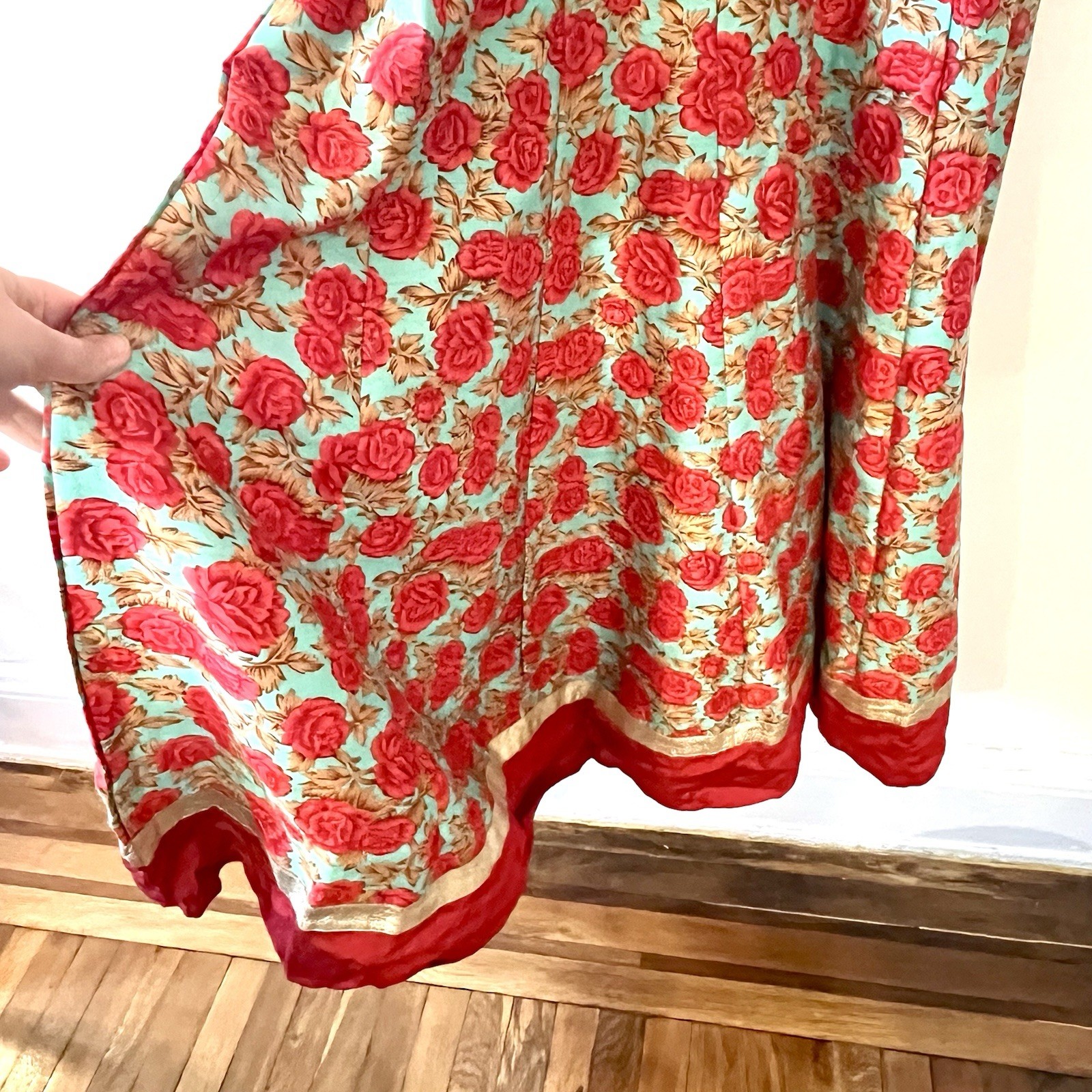 Vintage Indian Cotton Dress Artisan Floral Block Print Embroidered