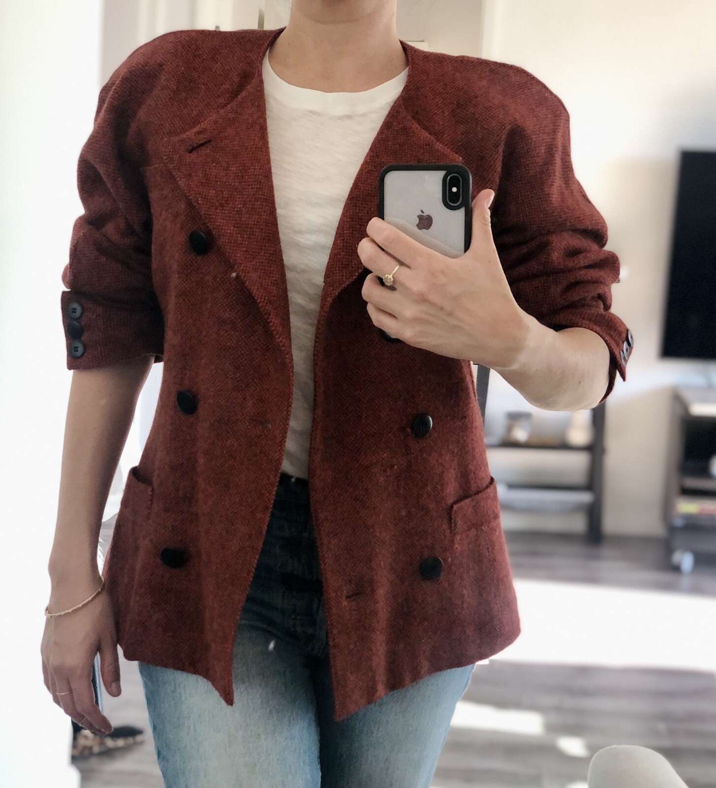 Vintage Red Black Tweed Jacket Blazer Cardigan Double Breasted by Escada 34 XS