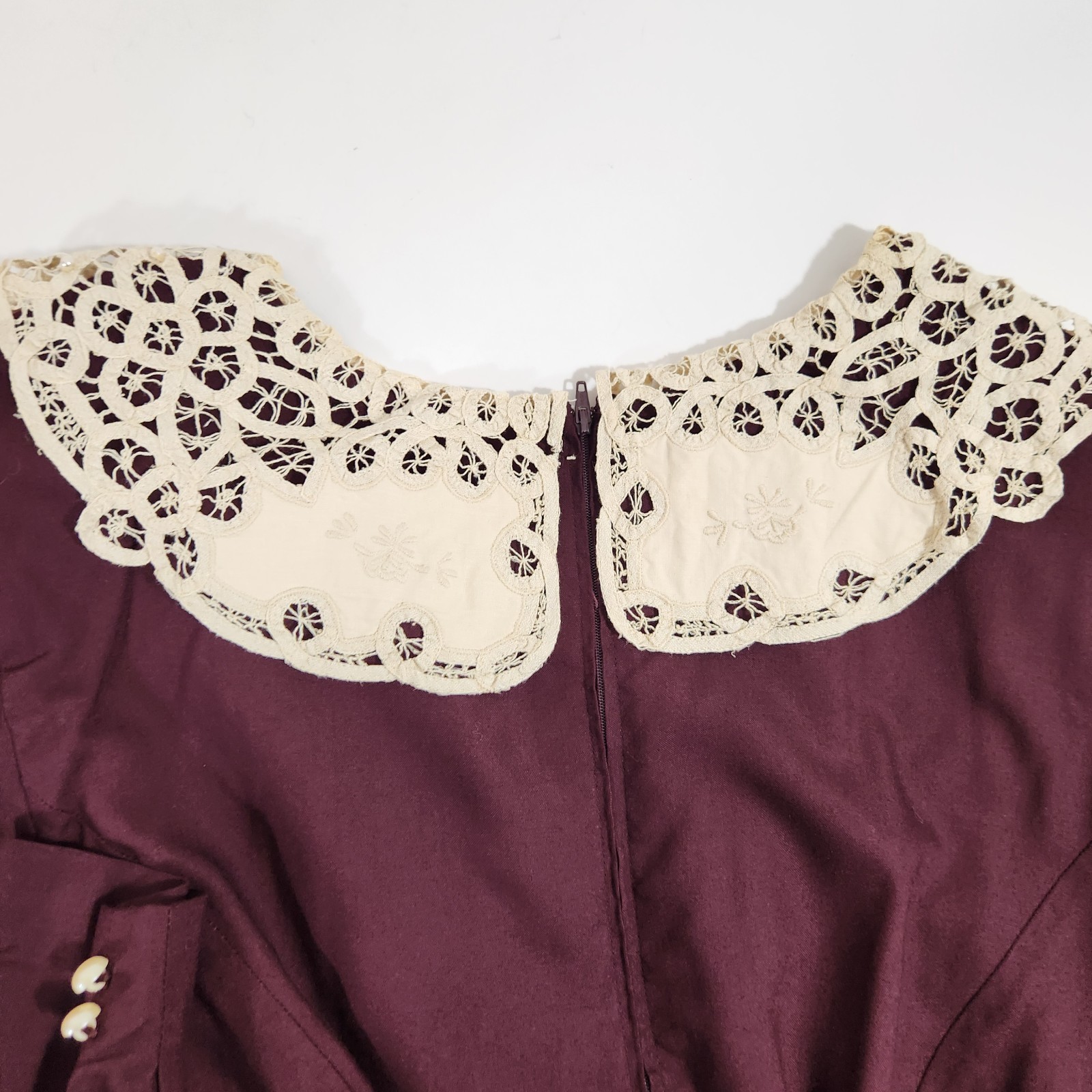 Vintage Plaza South Plus 20W Burgundy Prairie Midi Dress Lace Collar Cottagecore