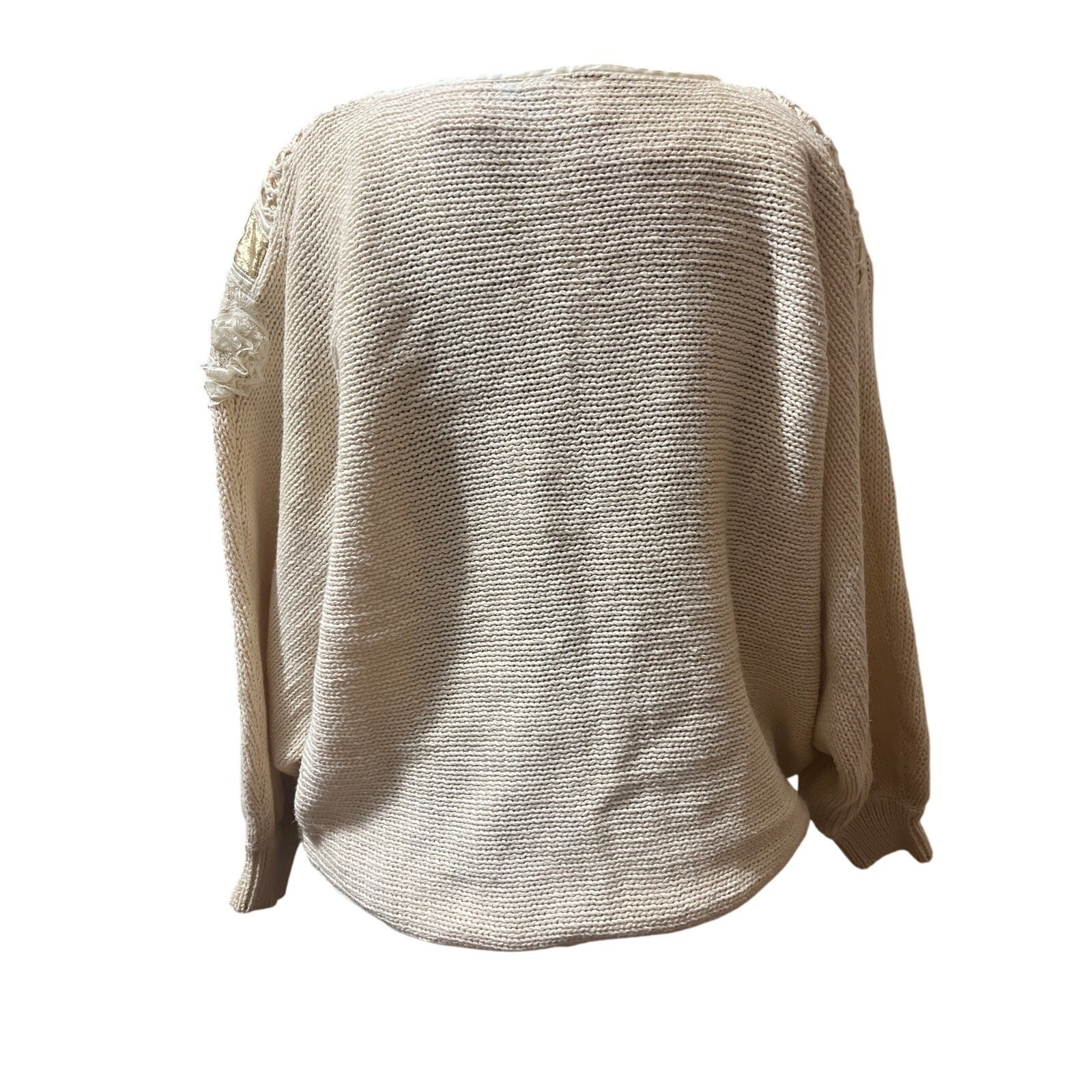Bonnie Boerer L VTG 80s Cream Gold 3D Floral Roses Lace Appliqué Knit Sweater