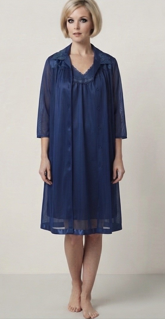 Vanity Fair Vintage Navy Blue Nylon Tricot Nightgown and Robe Set Woman XXL