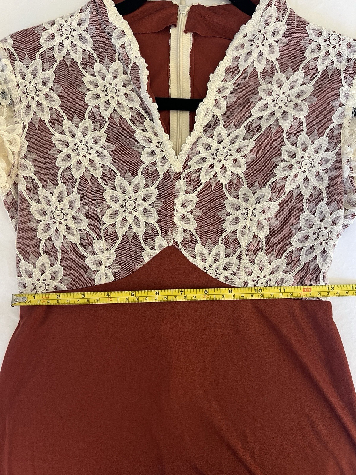 Handmade Vintage Dress 70s Cream Lace Rust Burgundy Gown Maxi Long Sleeve S/M