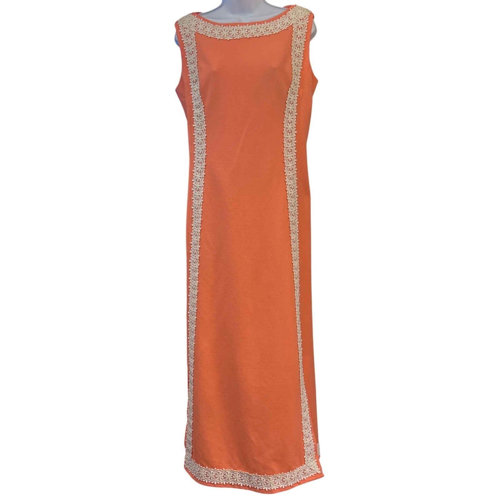 Vintage Handmade Coral Orange Maxi Dress Mod Lace Trim Column Resortcore Coastal