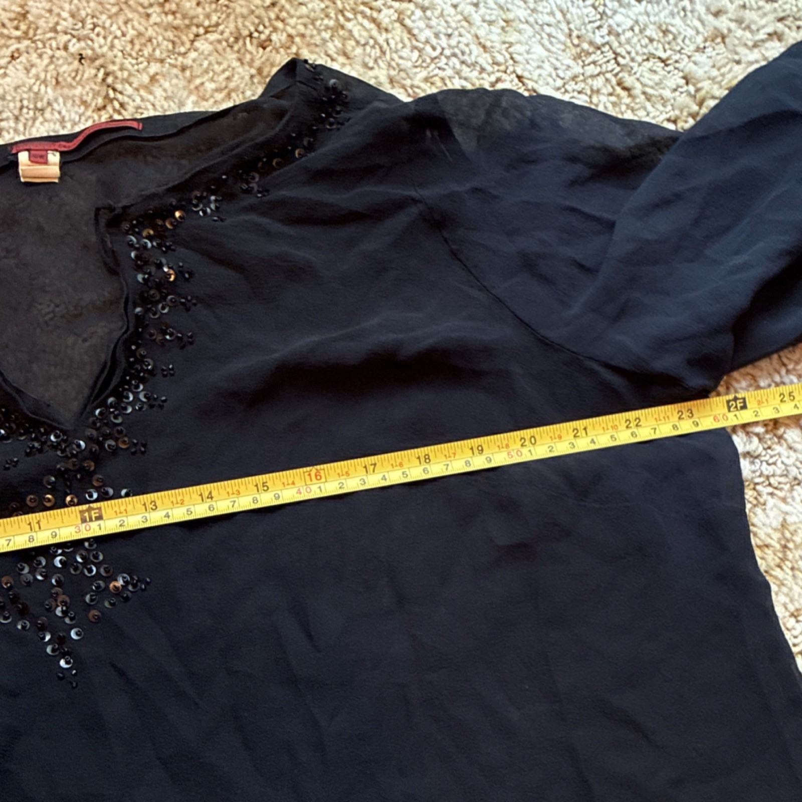 Tape Measure/Woman Black 100% Silk Blouse Size 16W With Breaded Collar