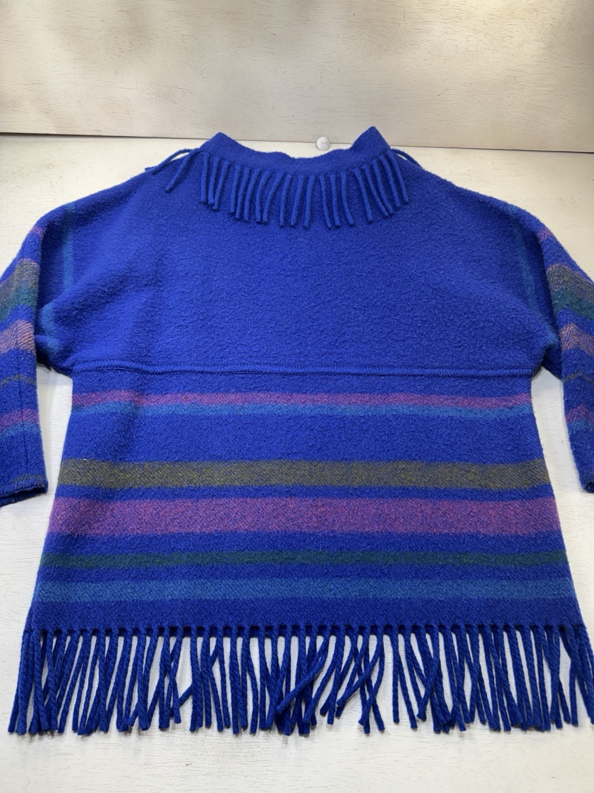 Vintage Lapp Lander Fringed Blanket Sweater Blue 100% Wool Norway 40