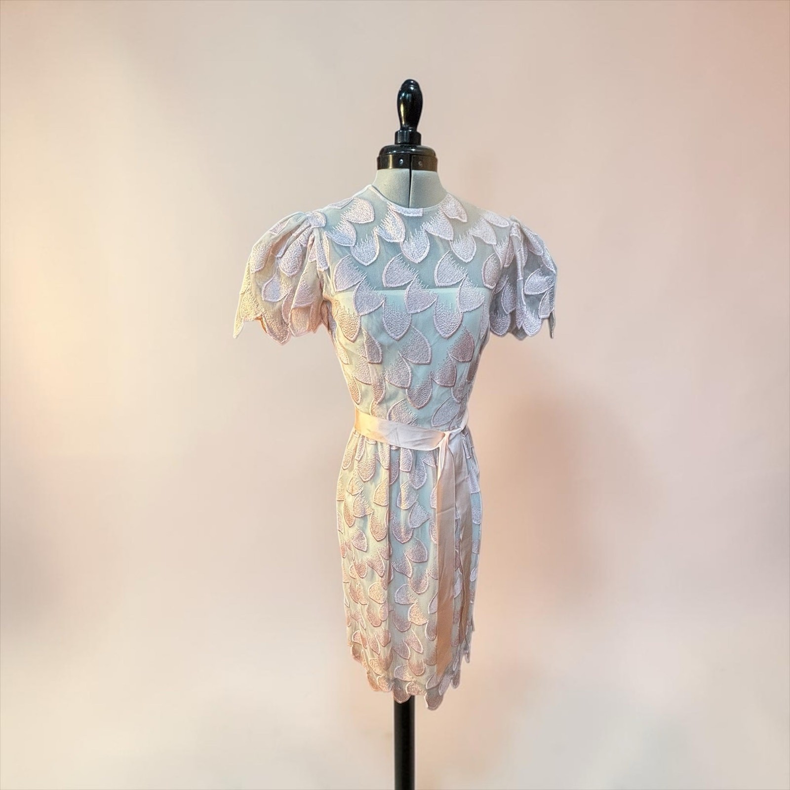 Pastel Petal Appliqué Dress Puff Sleeve Sheer Overlay William Pearson 80s Party