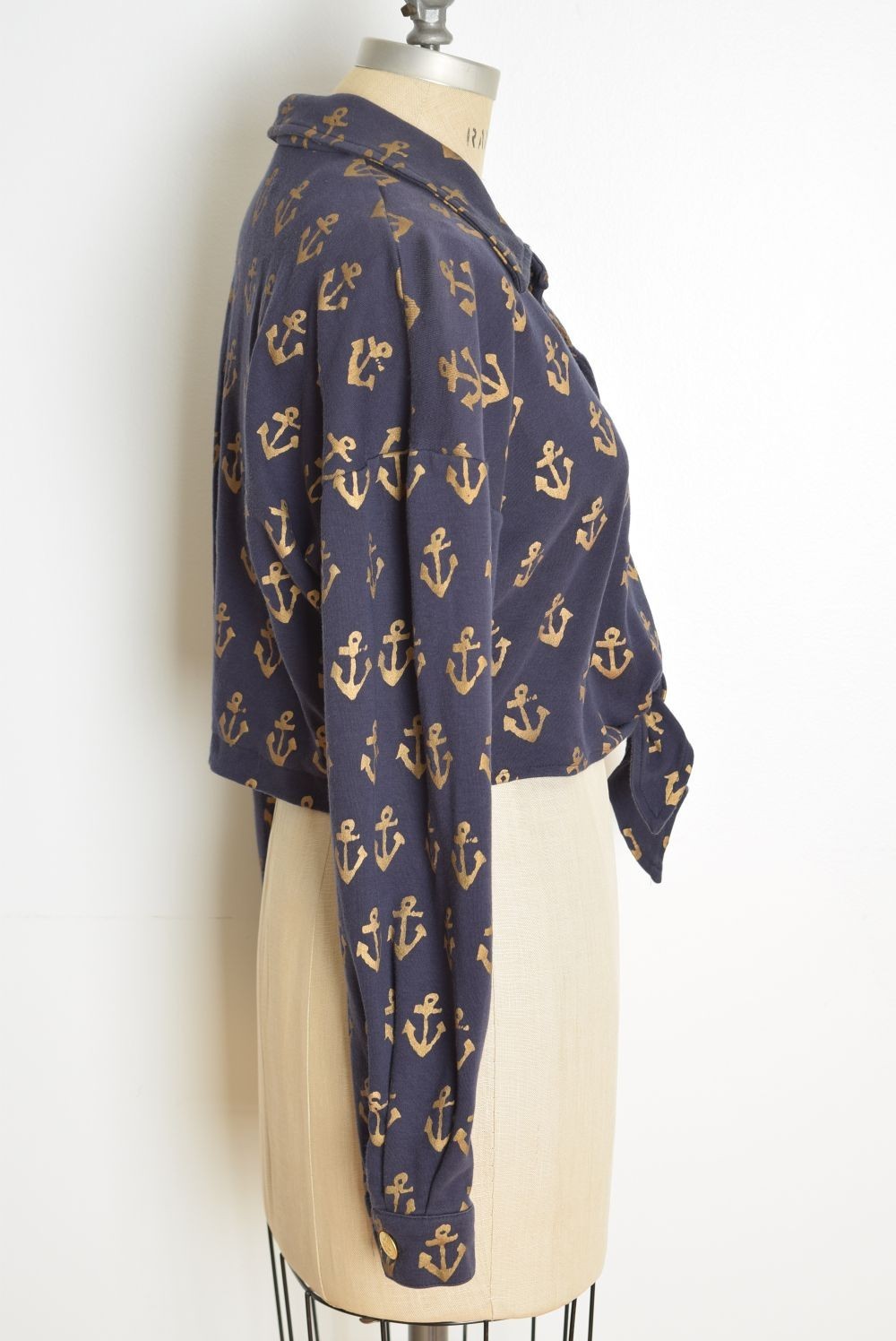 vintage 80s jacket top navy metallic gold anchor print nautical sailor L XL