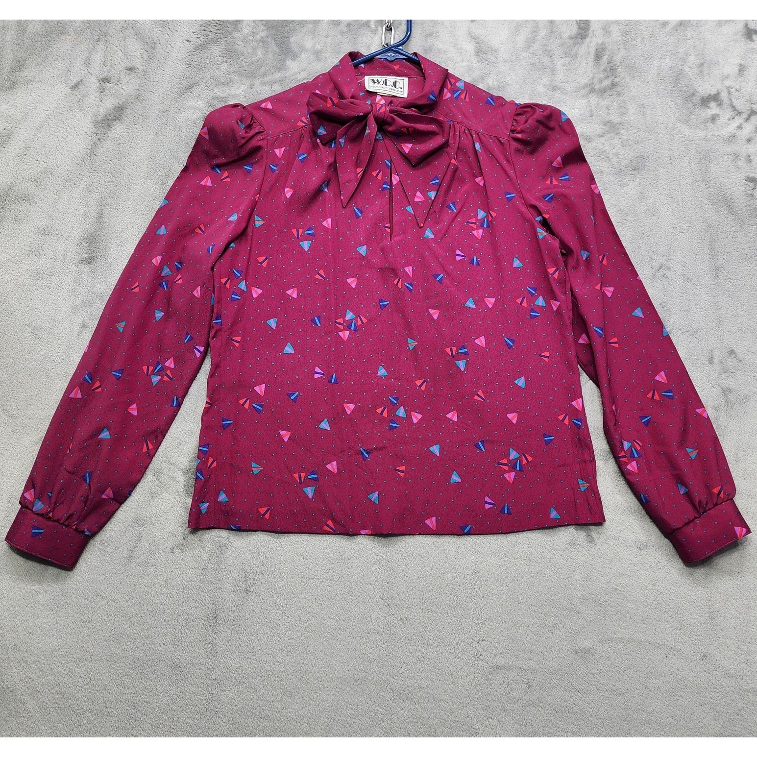 Vintage 80s W.C.C. Top Womens M Dark Pink Geometric Kites Sailboats Tie Neck