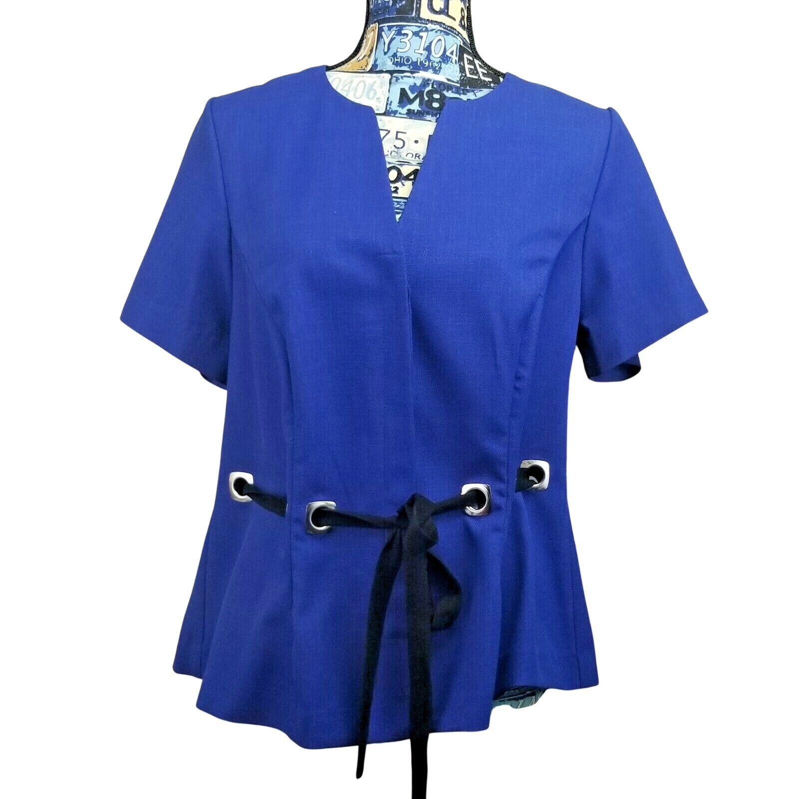 Vintage 80s R&K Originals Womens Jacket XL 1X Blue Hidden Buttons Tied Waist